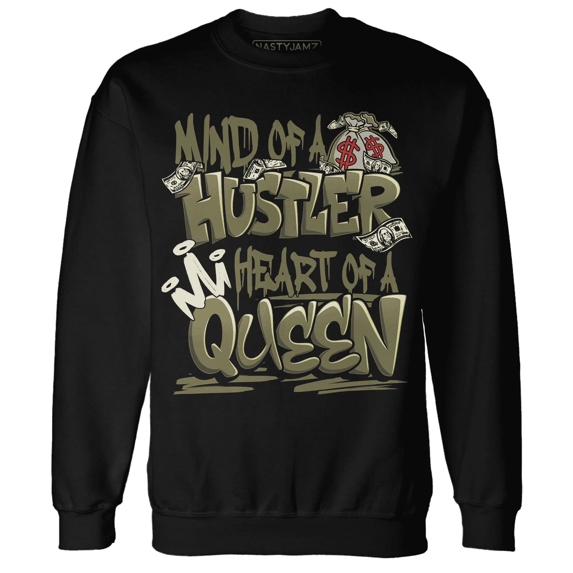 NastyJamz-Medium-Olive-1s-Sweatshirt-Match-Hustler-Heart-Queen