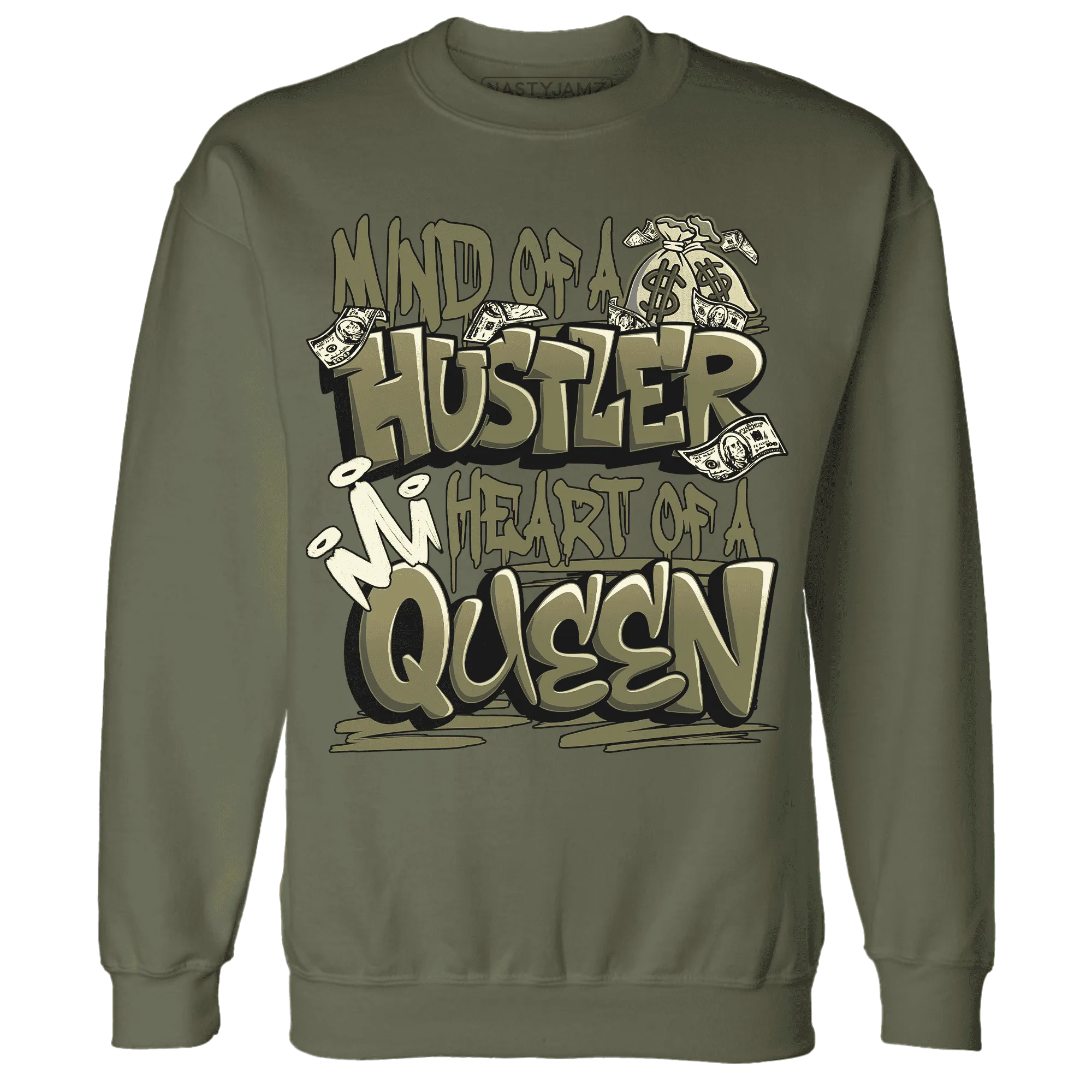 NastyJamz-Medium-Olive-1s-Sweatshirt-Match-Hustler-Heart-Queen