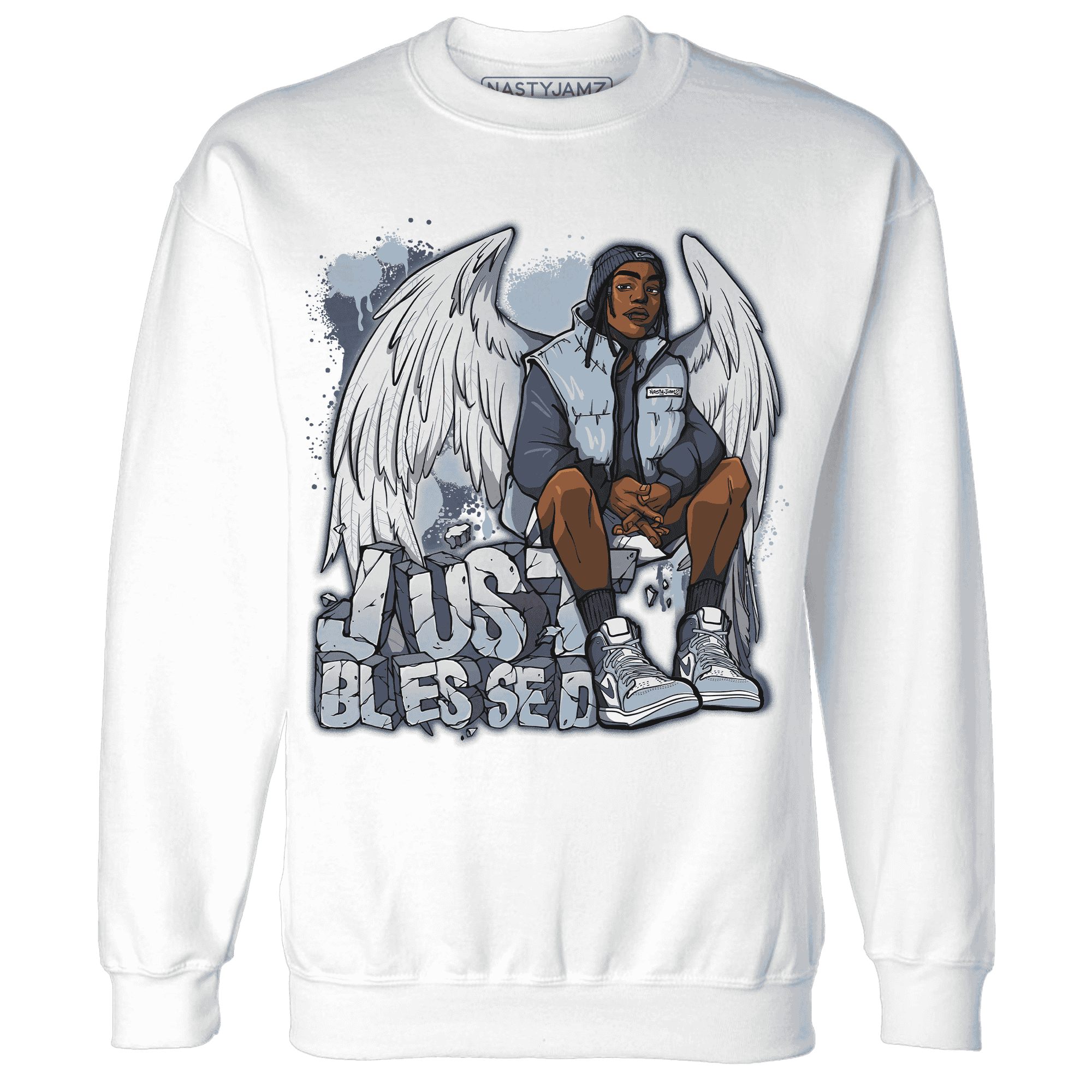 Mid Diffused Blue Grey 1s Sweatshirt Match Just Blessed - NastyJamz