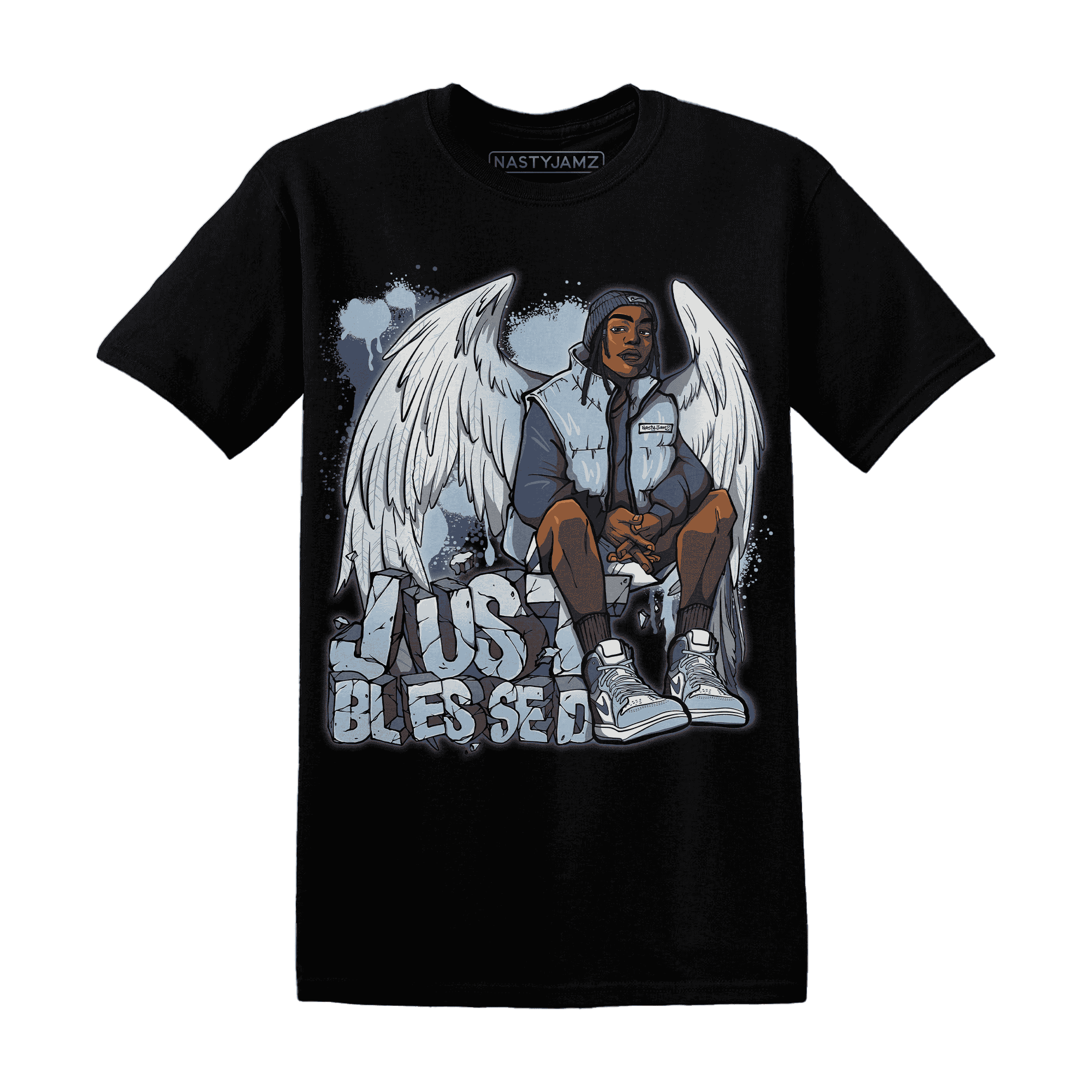 Mid Diffused Blue Grey 1s T Shirt Match Just Blessed - NastyJamz