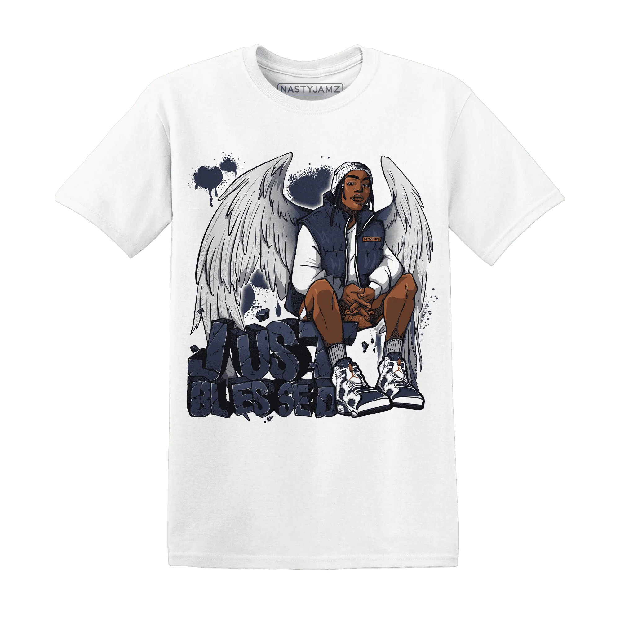 White-Navy-6s-T-Shirt-Match-Just-Blessed
