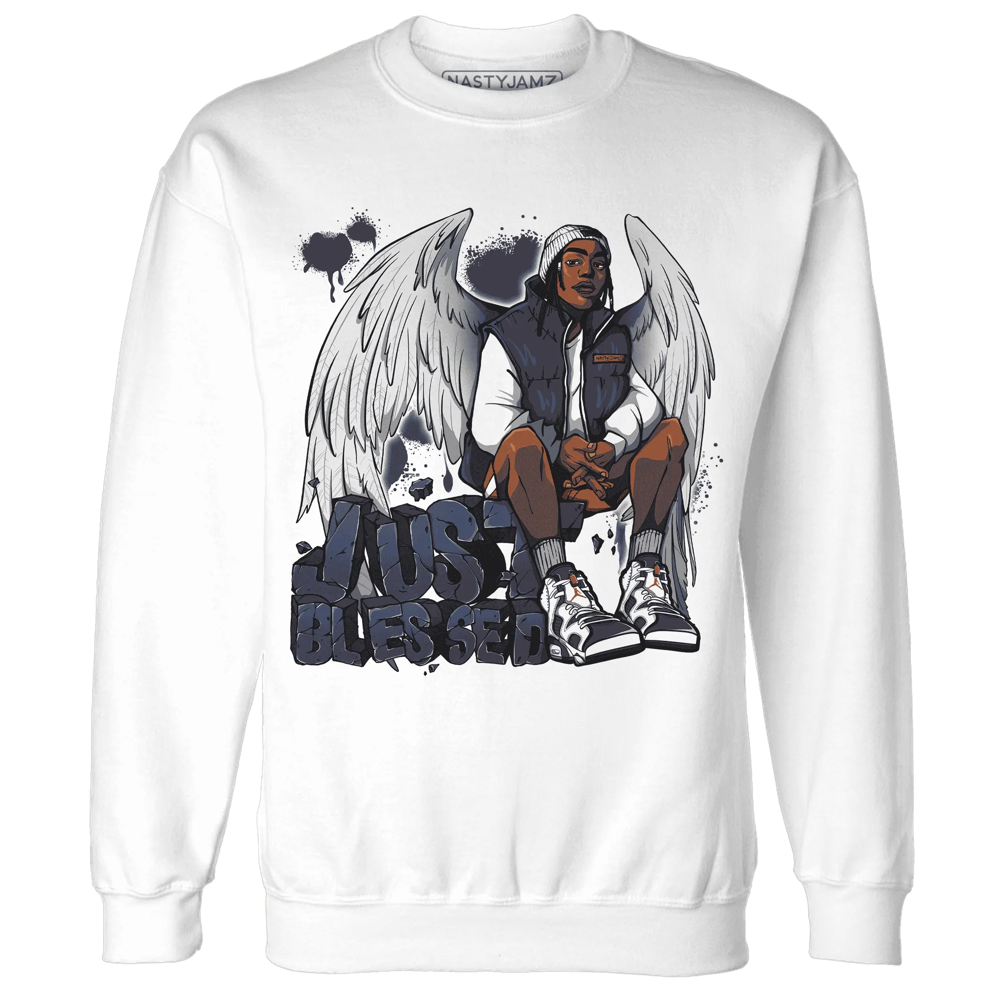 White-Navy-6s-Sweatshirt-Match-Just-Blessed