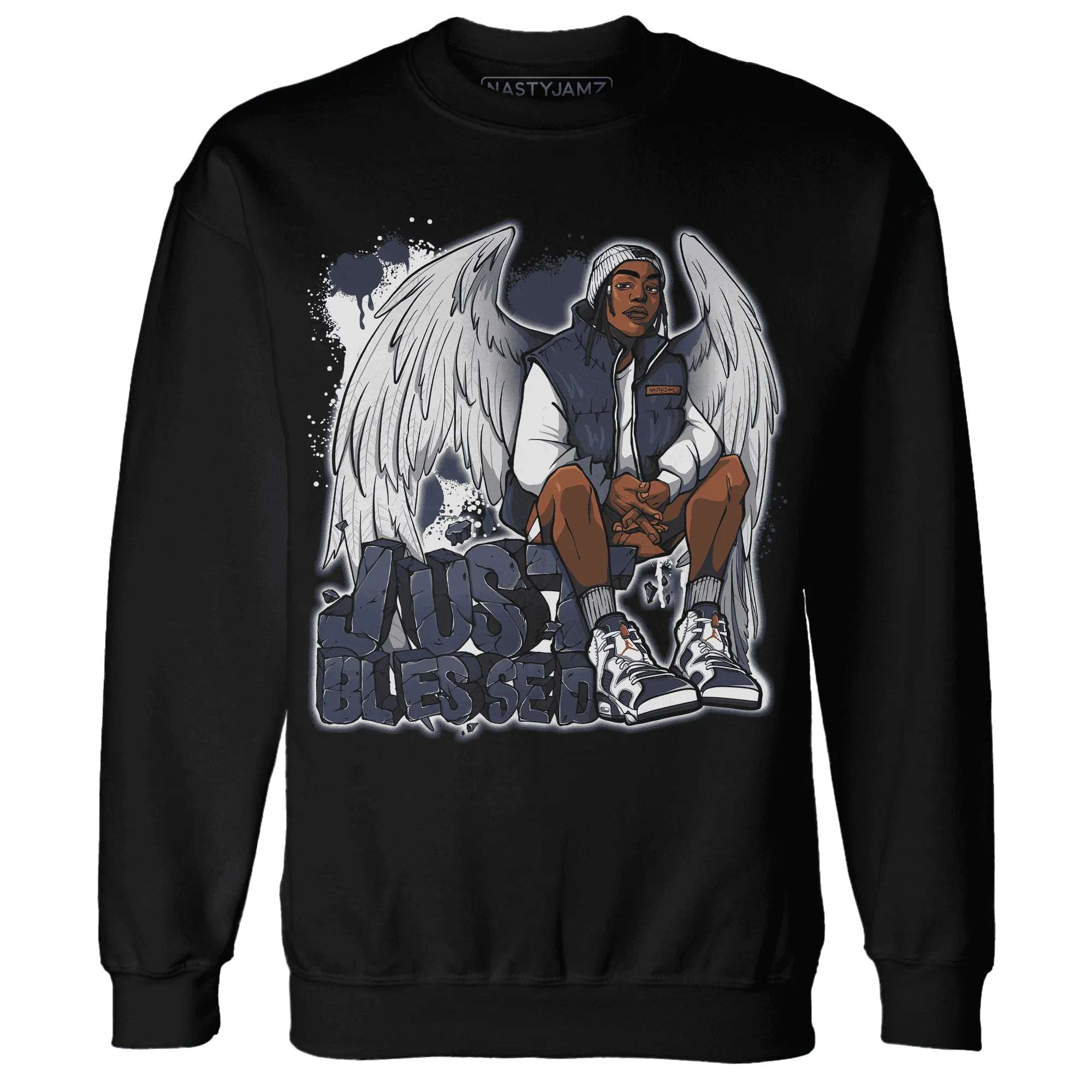 White-Navy-6s-Sweatshirt-Match-Just-Blessed