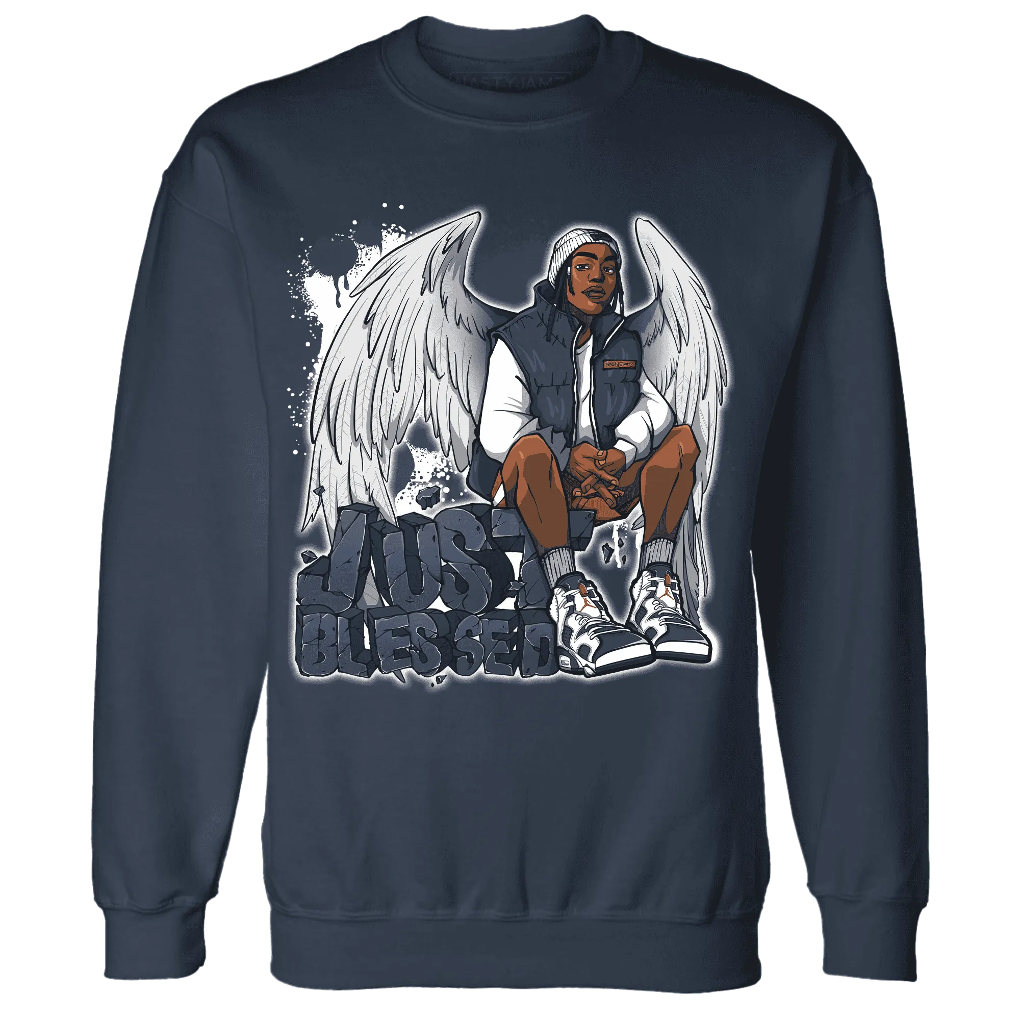 White-Navy-6s-Sweatshirt-Match-Just-Blessed