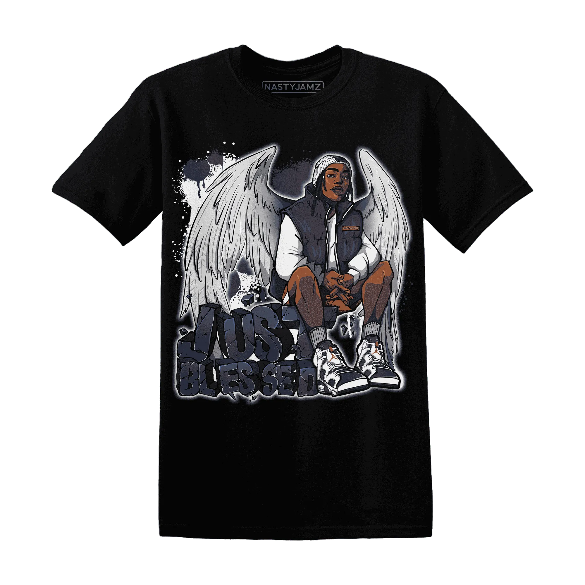 White-Navy-6s-T-Shirt-Match-Just-Blessed
