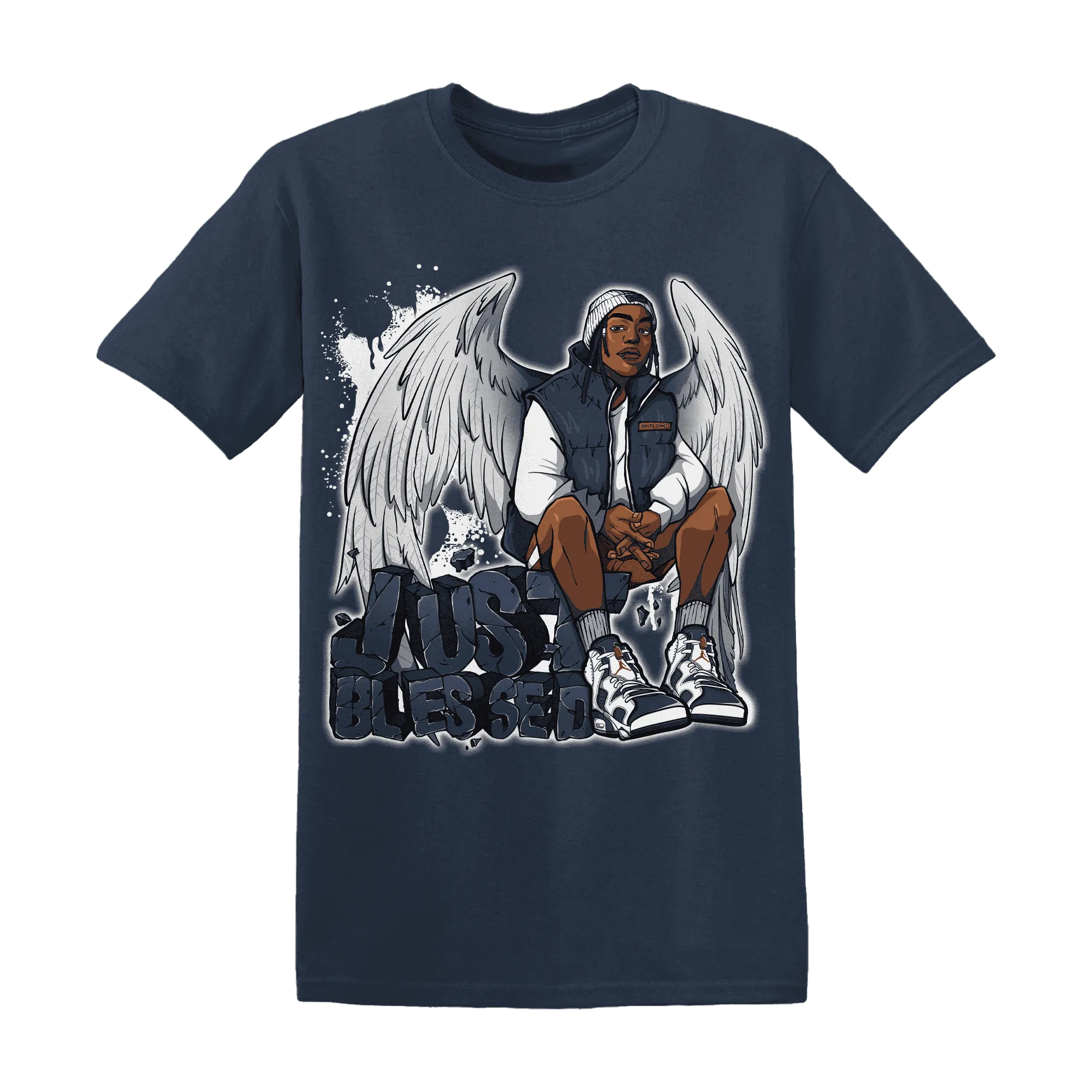 White-Navy-6s-T-Shirt-Match-Just-Blessed