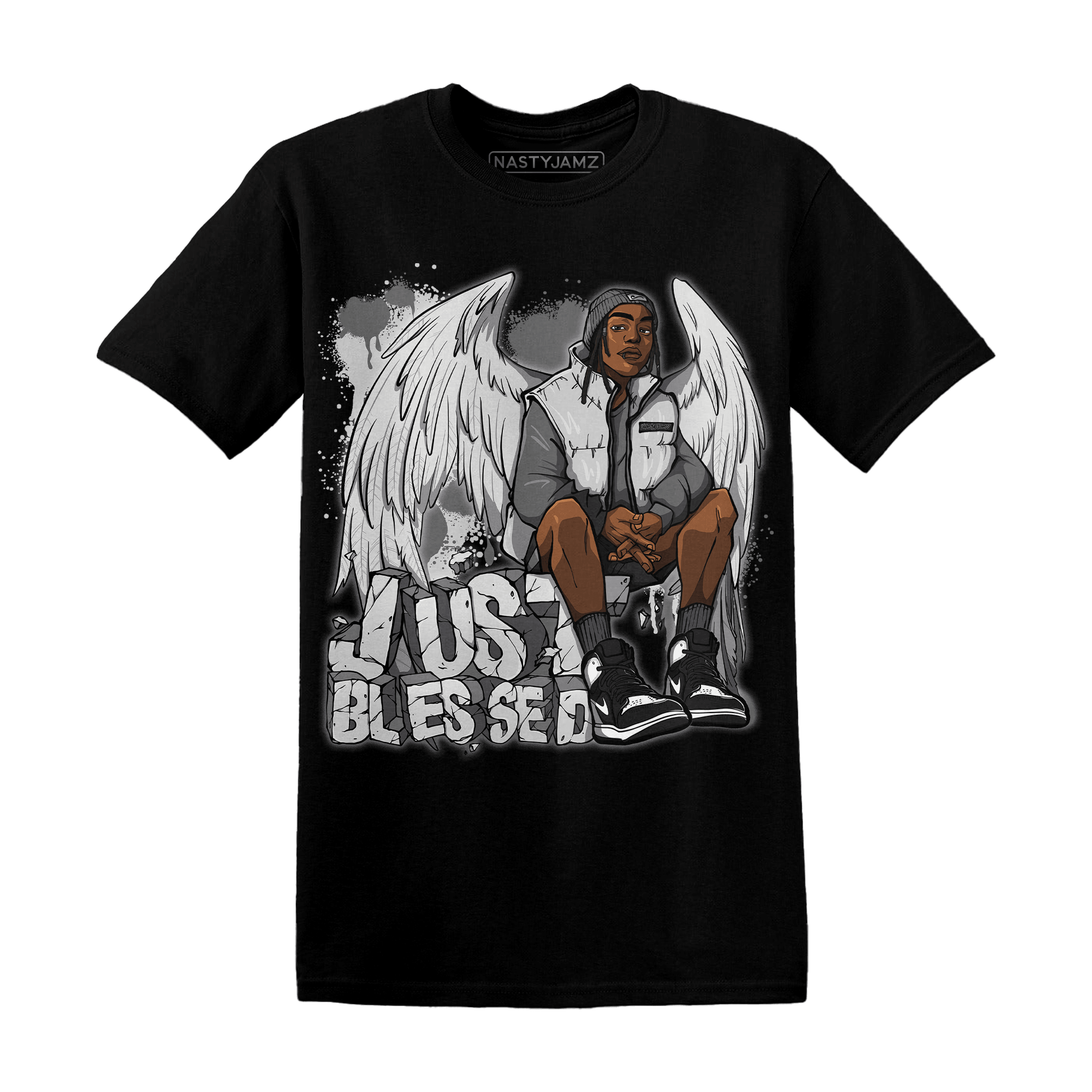 Retro High OG Black White 1s T Shirt Match Just Blessed - NastyJamz