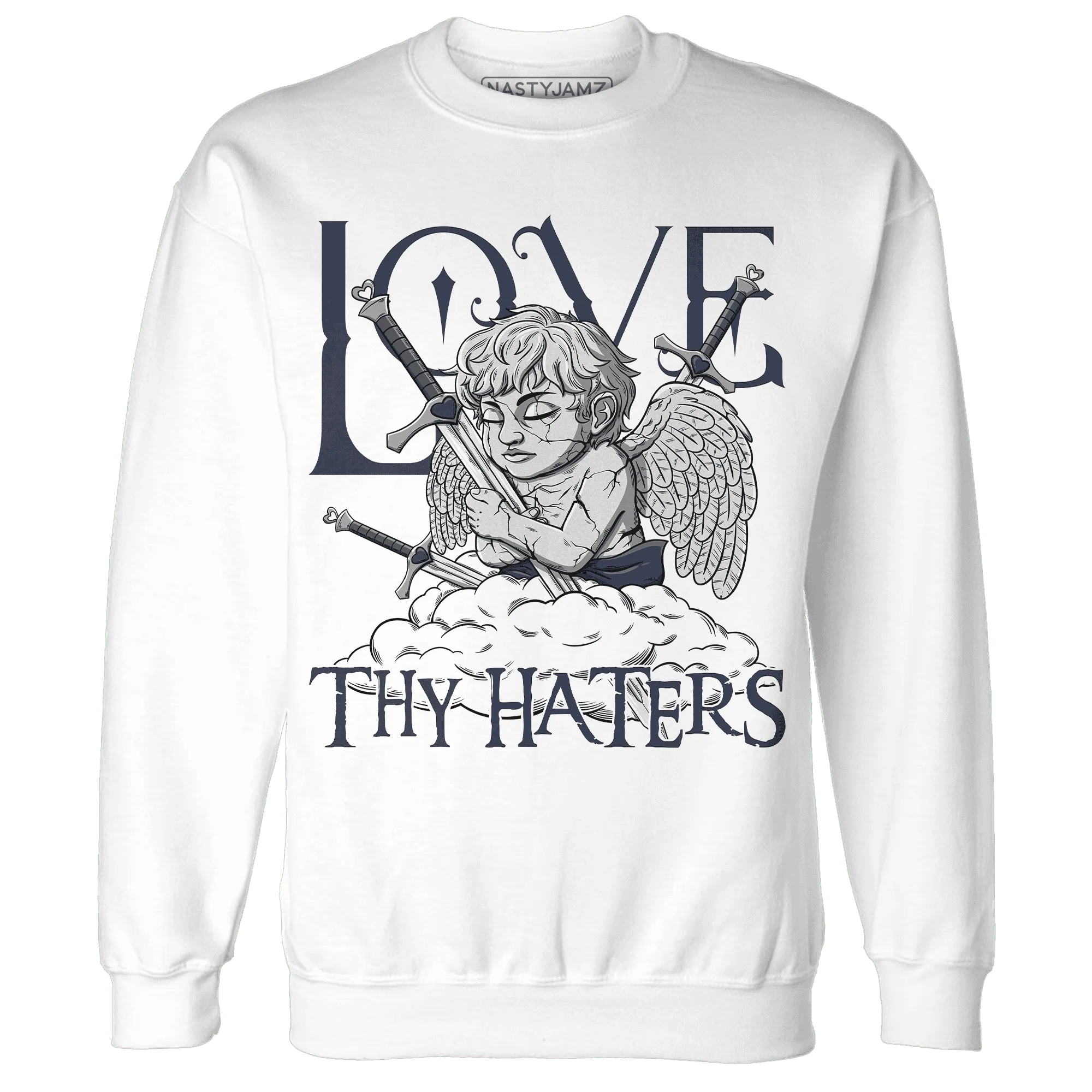 VaporMax-Plus-Midnight-Navy-White-Metallic-Silver-NastyJamz-Sweatshirt-Match-Love-Thy-Haters-Angel