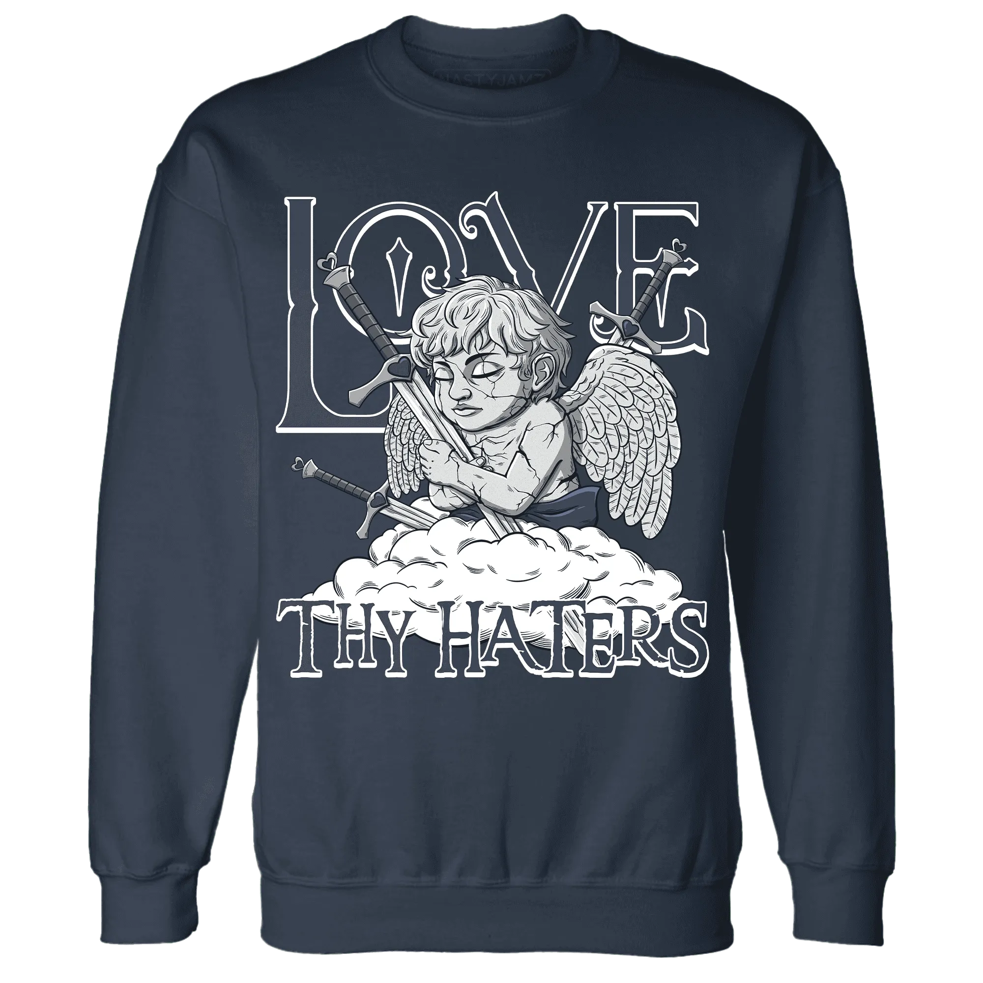 VaporMax-Plus-Midnight-Navy-White-Metallic-Silver-NastyJamz-Sweatshirt-Match-Love-Thy-Haters-Angel