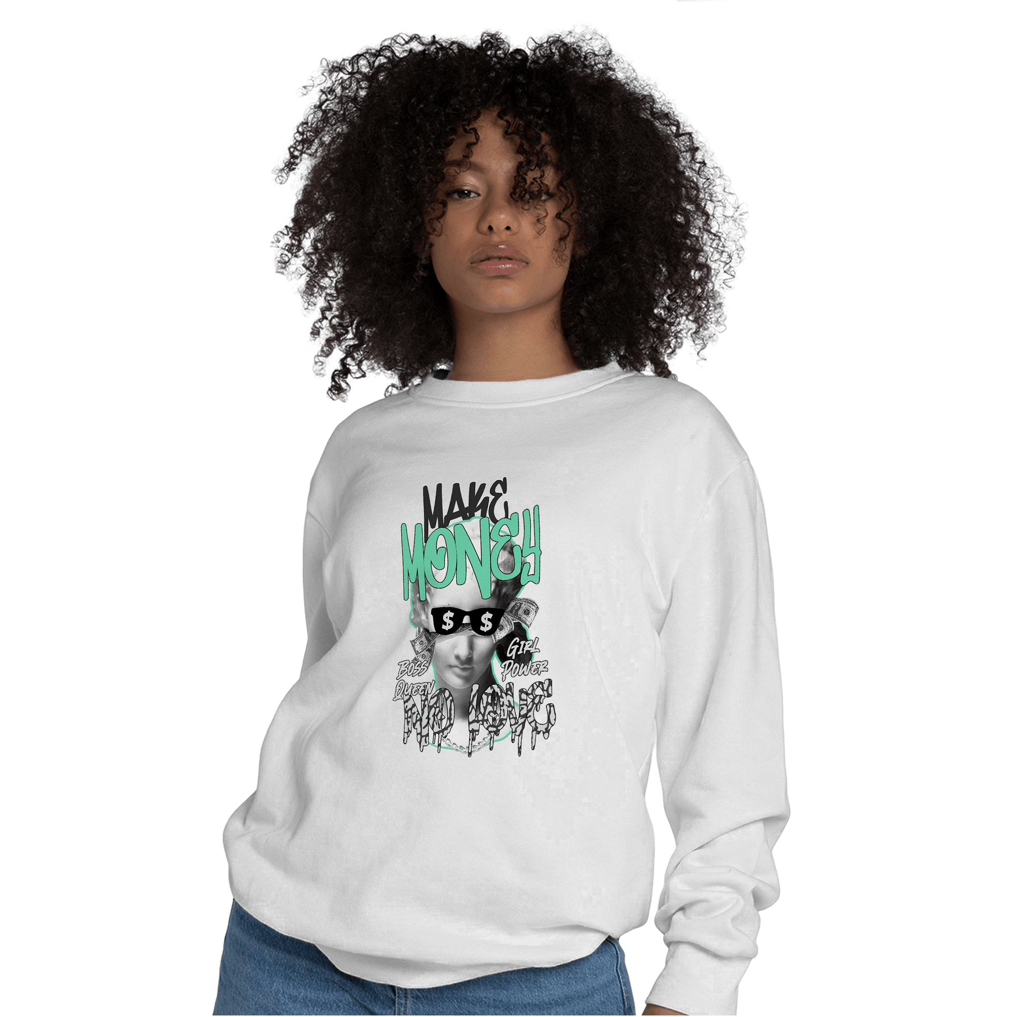 Green Glow 3s Sweatshirt Match Make Money No Love - NastyJamz