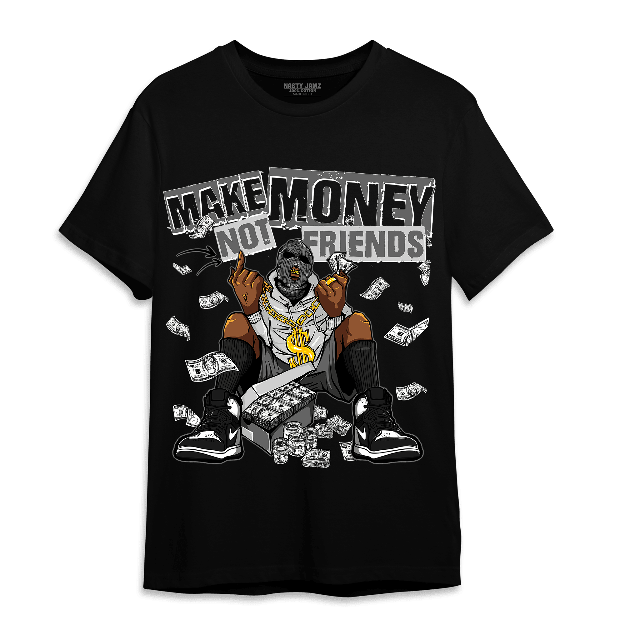 Retro High OG Black White 1s T Shirt Match Make Money Not Friends - NastyJamz