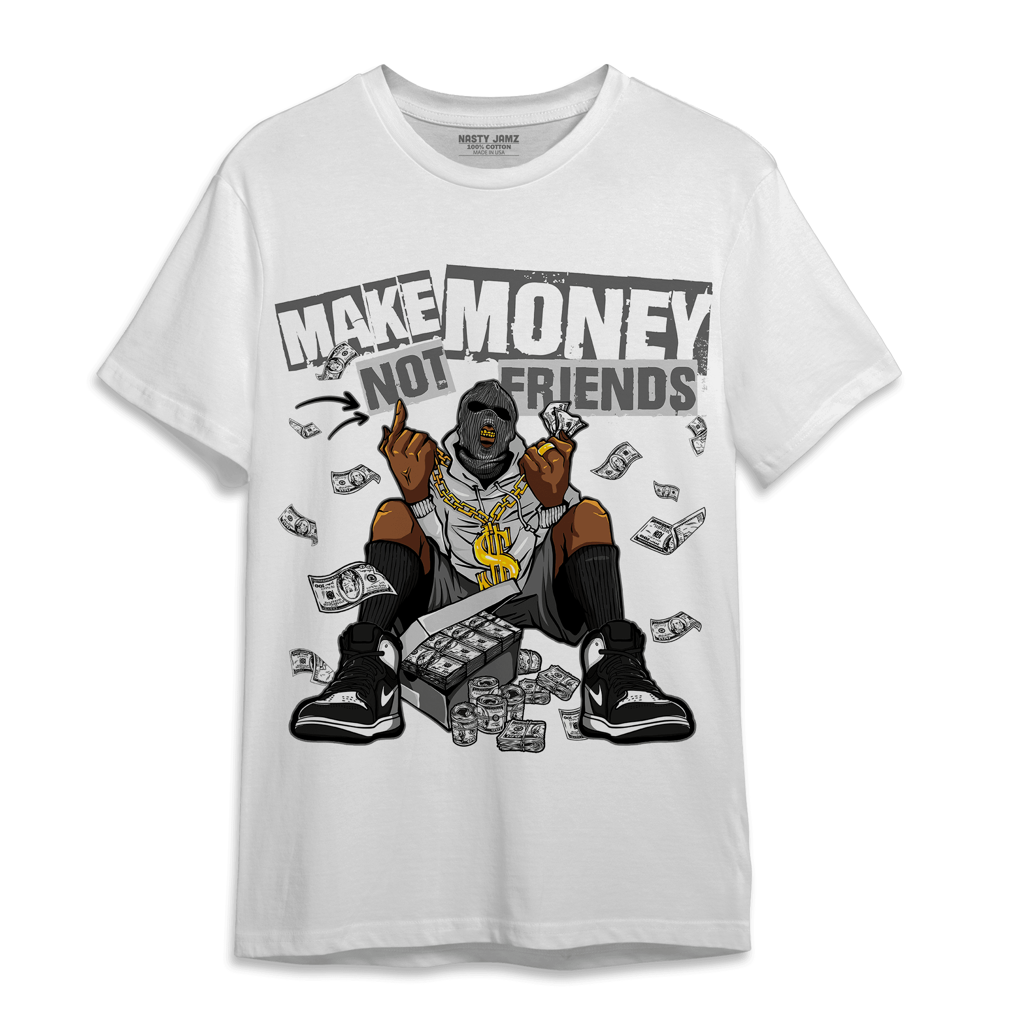 Retro High OG Black White 1s T Shirt Match Make Money Not Friends - NastyJamz