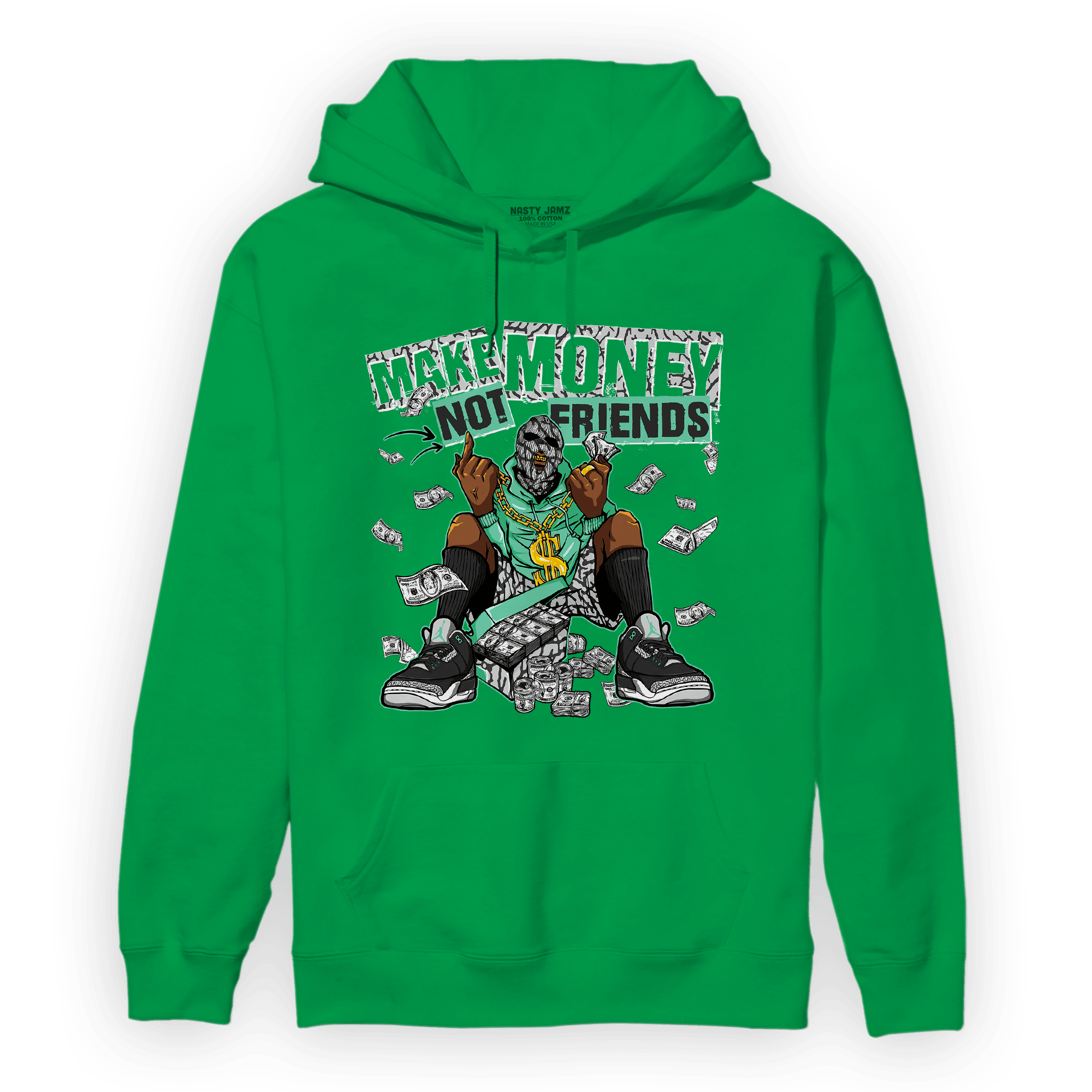 Green Glow 3s Hoodie Match Make Money Not Friends - NastyJamz