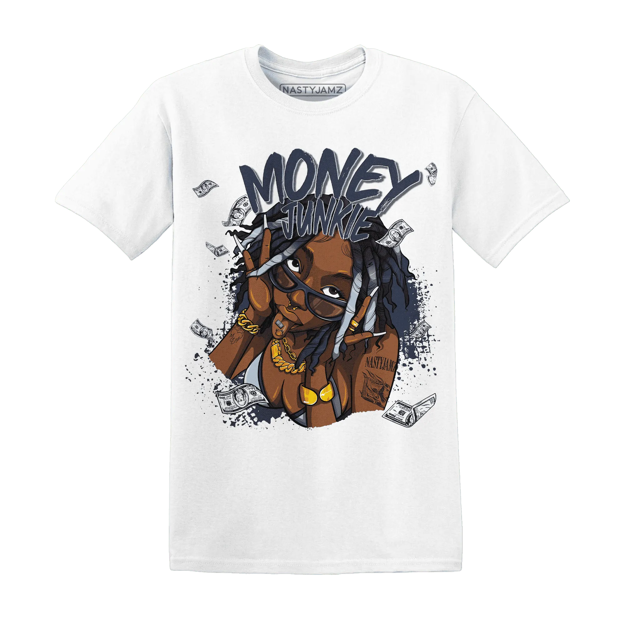 White-Navy-6s-T-Shirt-Match-Money-Junkie