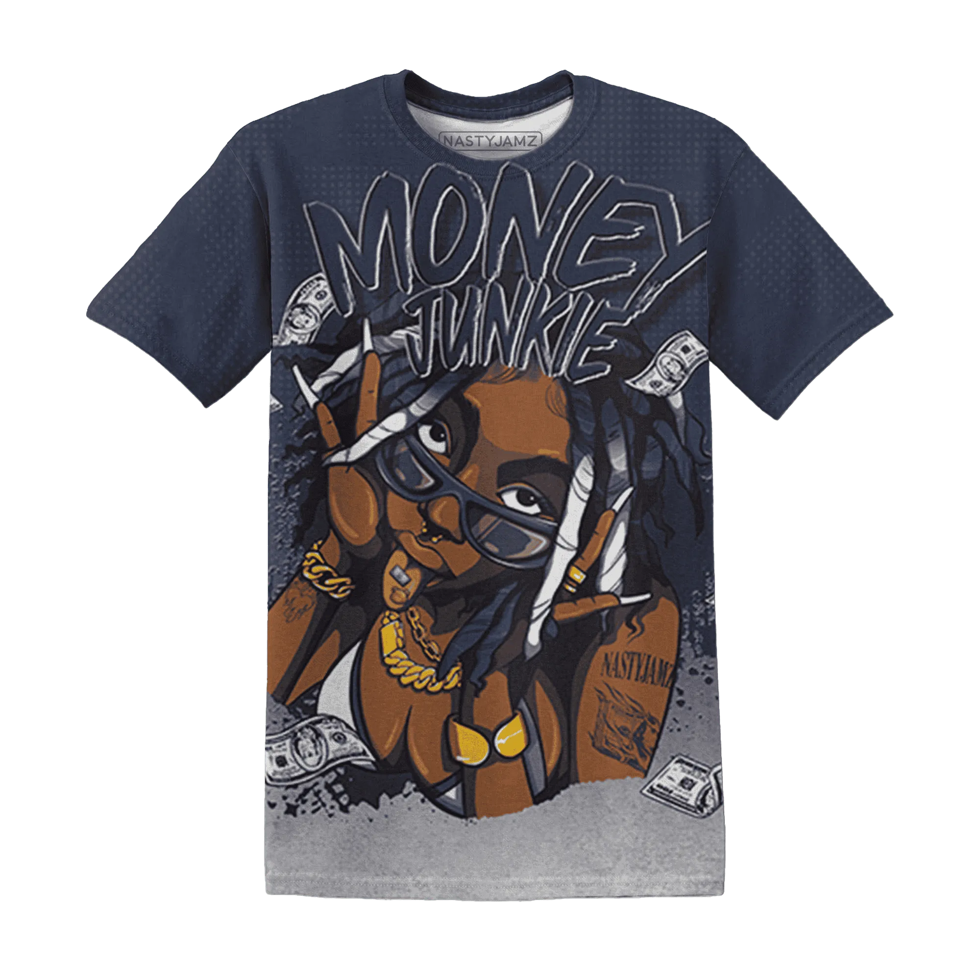VaporMax-Plus-Midnight-Navy-White-Metallic-Silver-NastyJamz-T-Shirt-Match-Money-Junkie-3D