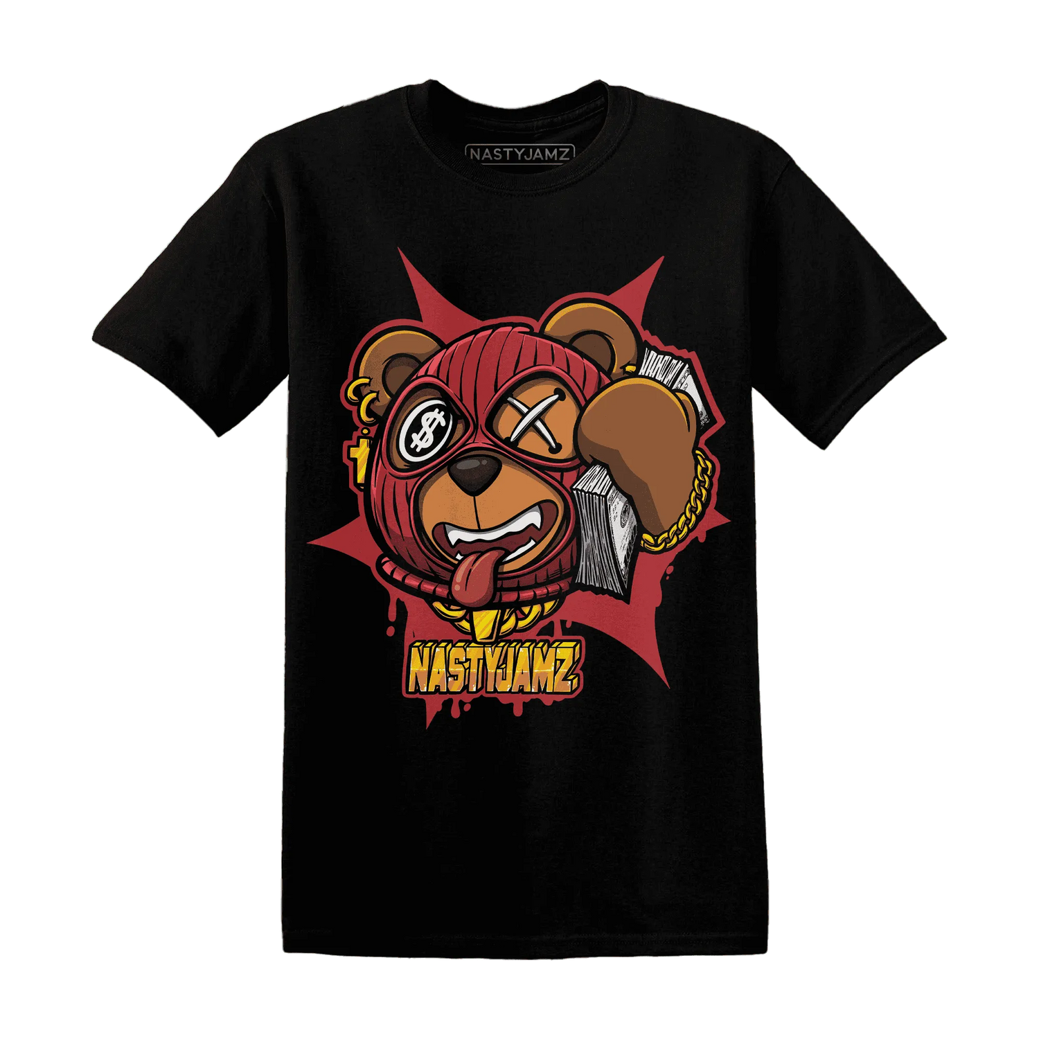 Black-Toe-Reimagined-Red-White-1s-NastyJamz-T-Shirt-Match-Money-Motive-BER