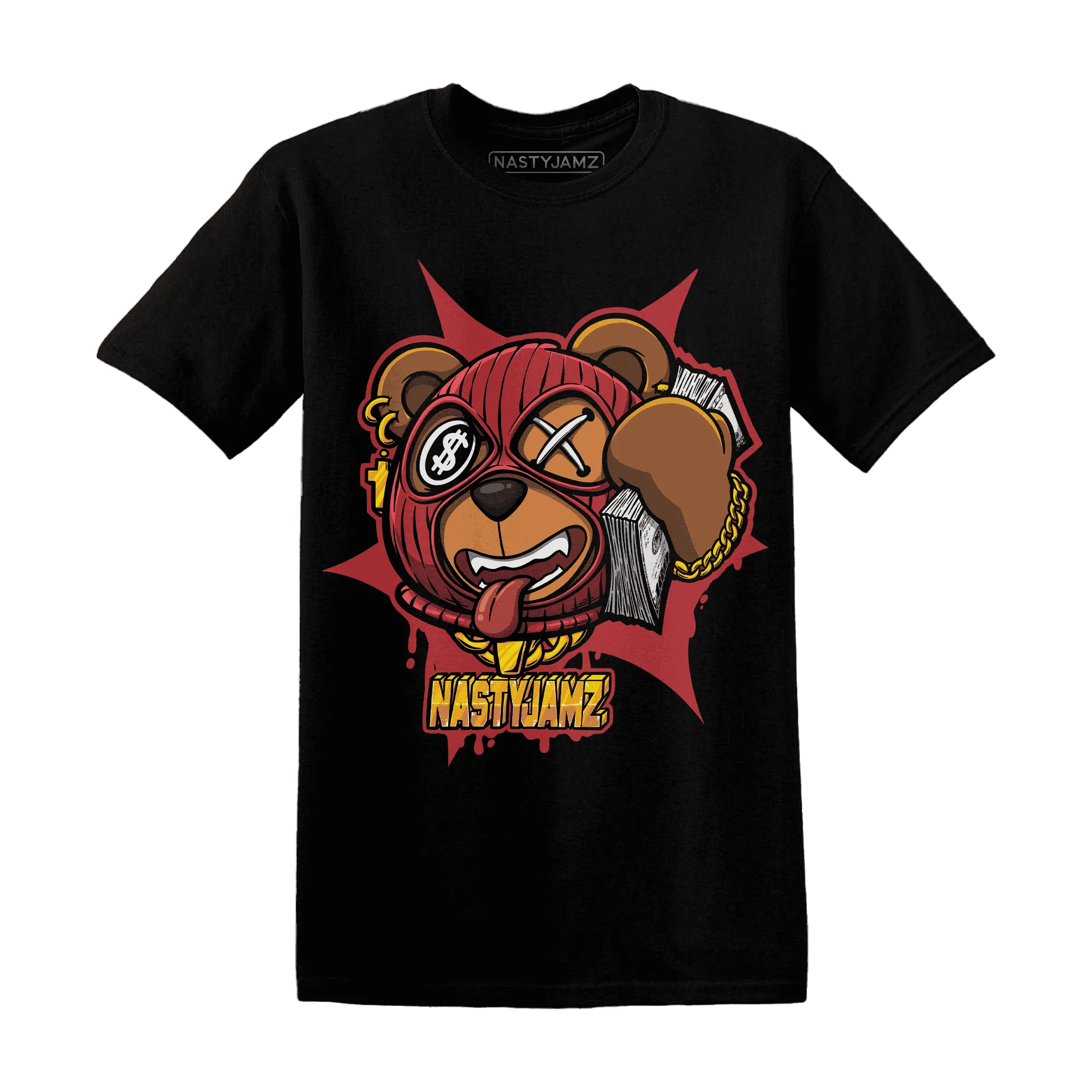 Black-Toe-Reimagined-Red-White-1s-NastyJamz-T-Shirt-Match-Money-Motive-BER