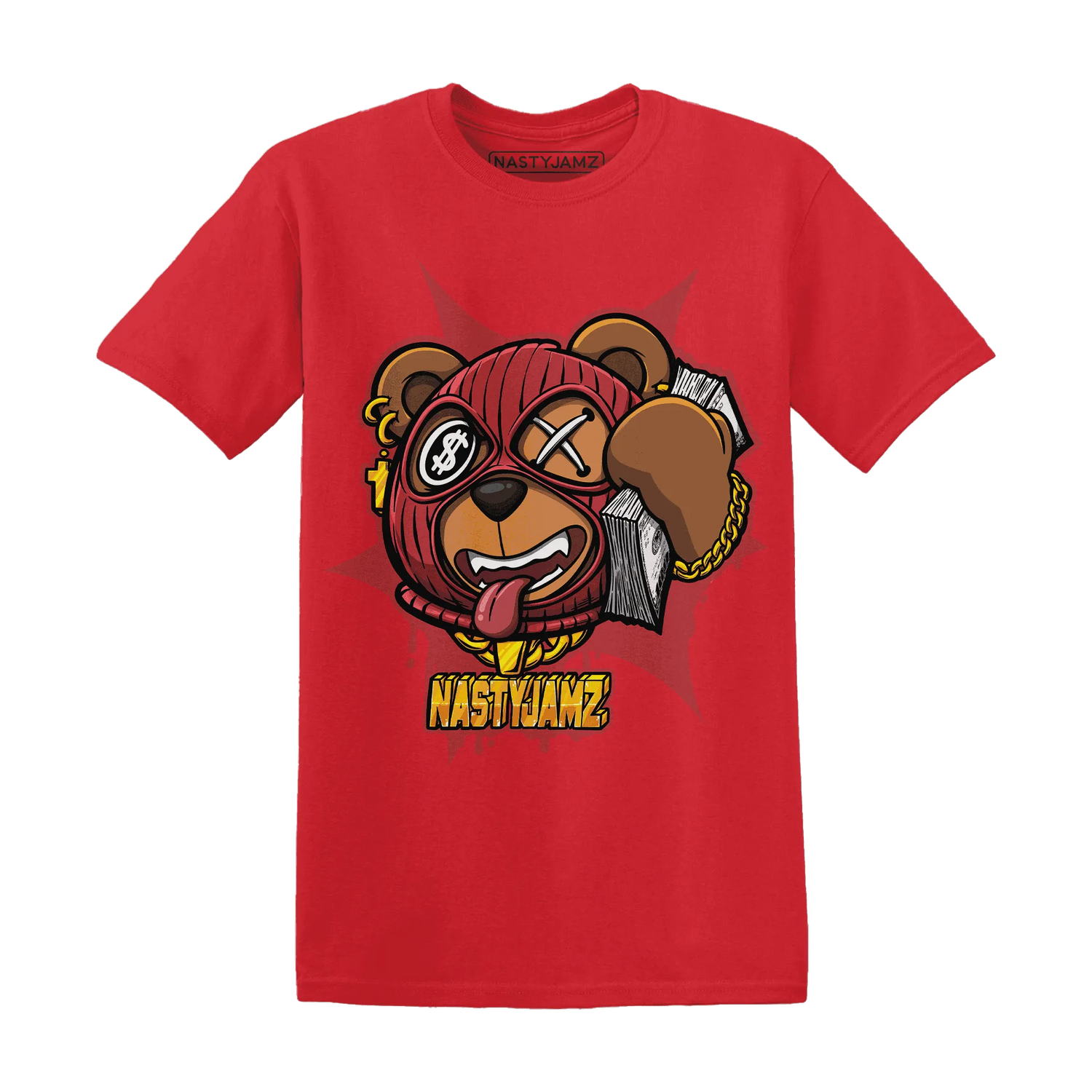 Black-Toe-Reimagined-Red-White-1s-NastyJamz-T-Shirt-Match-Money-Motive-BER