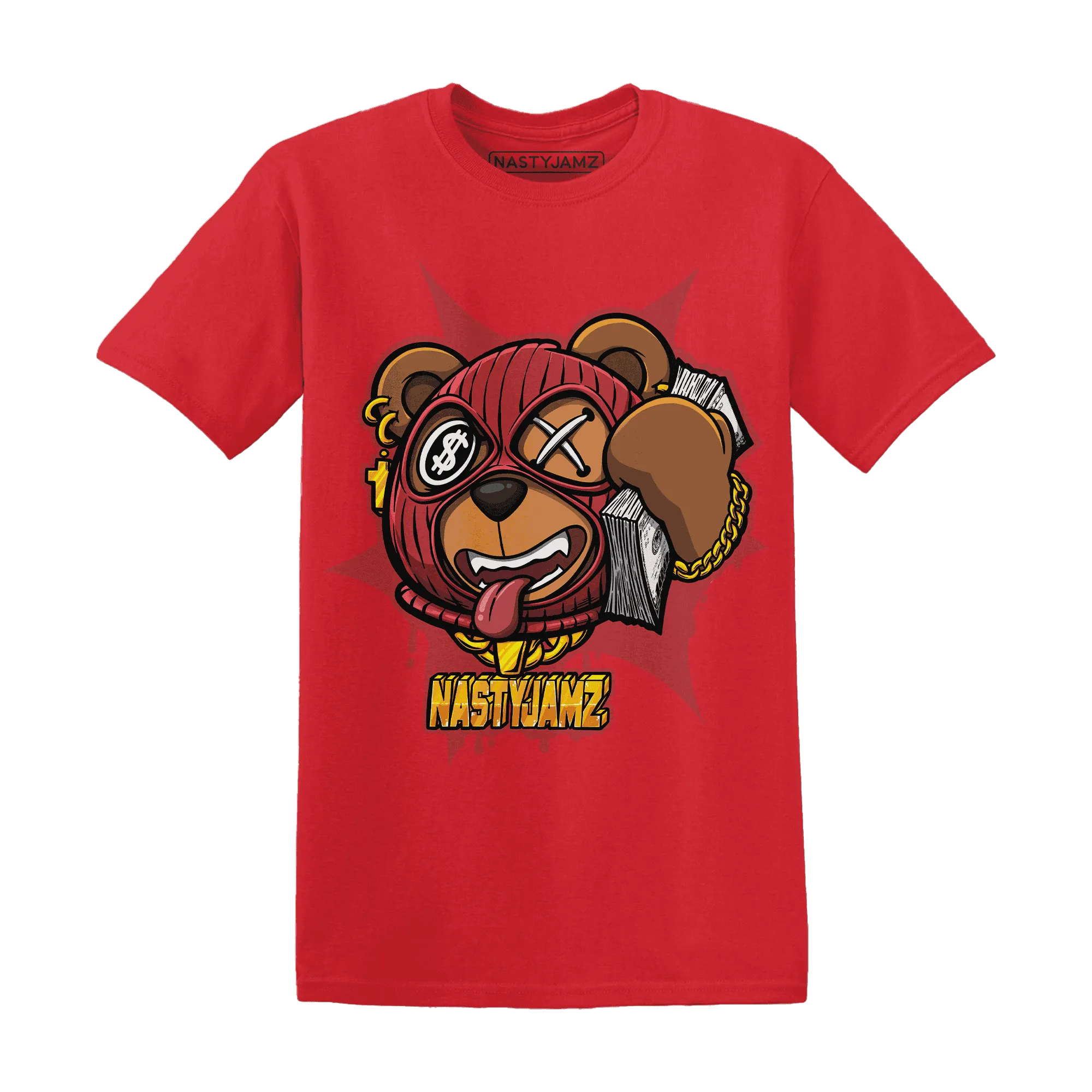 Black-Toe-Reimagined-Red-White-1s-NastyJamz-T-Shirt-Match-Money-Motive-BER
