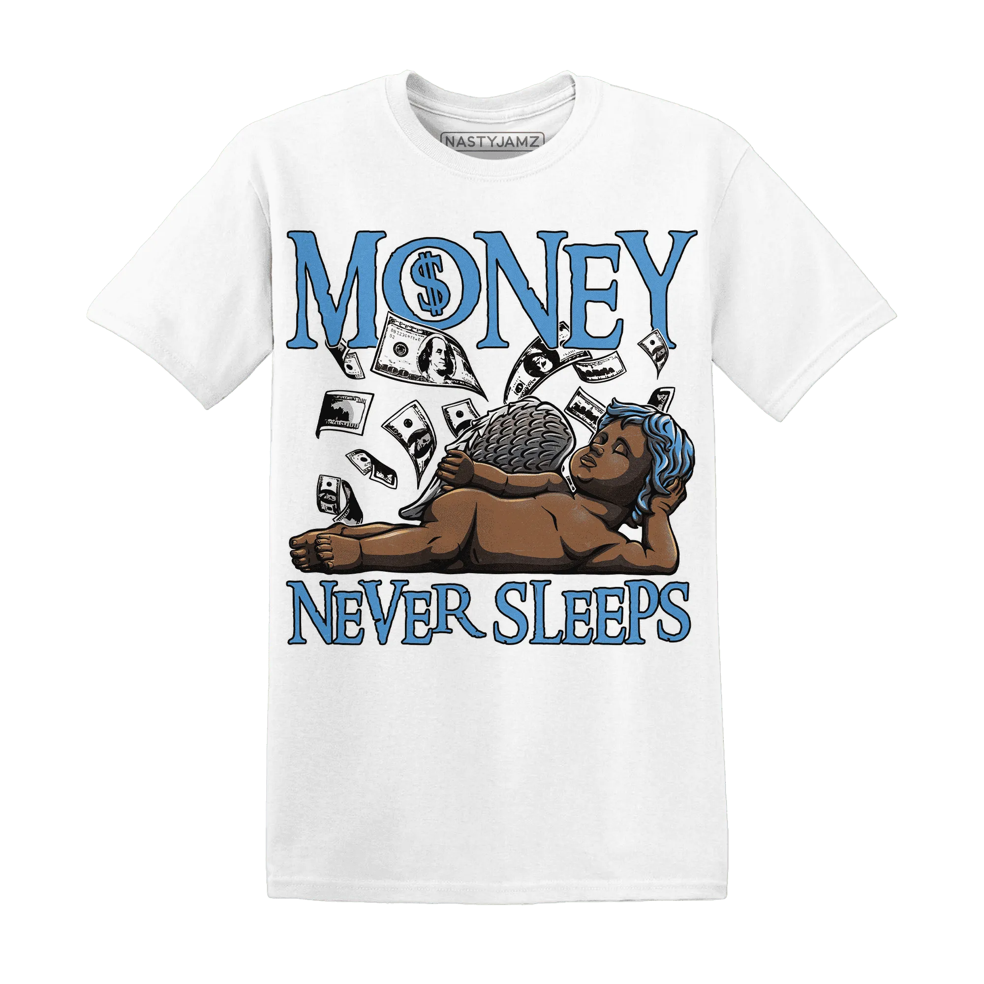 NastyJamz-Carolina-Blue-Univercitii-17s-T-Shirt-Match-Money-Never-Sleeps