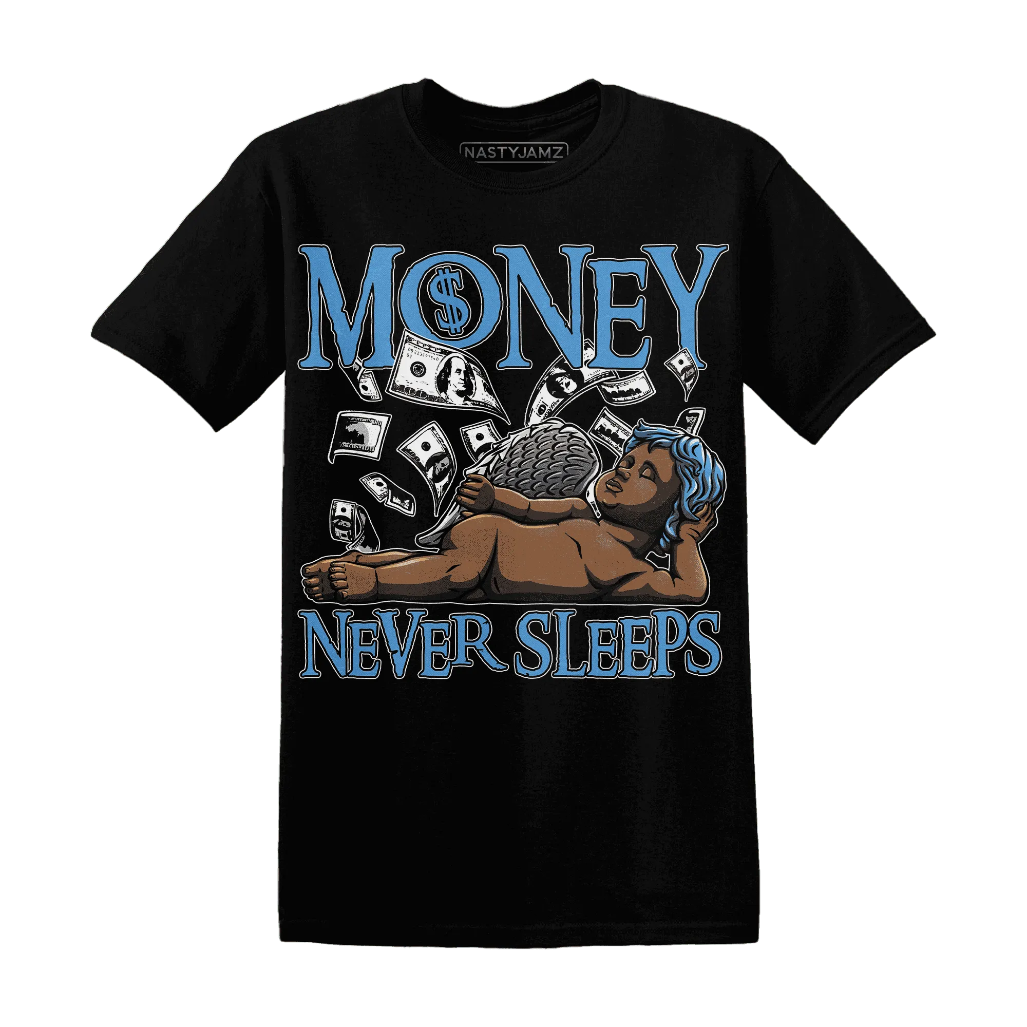 NastyJamz-Carolina-Blue-Univercitii-17s-T-Shirt-Match-Money-Never-Sleeps