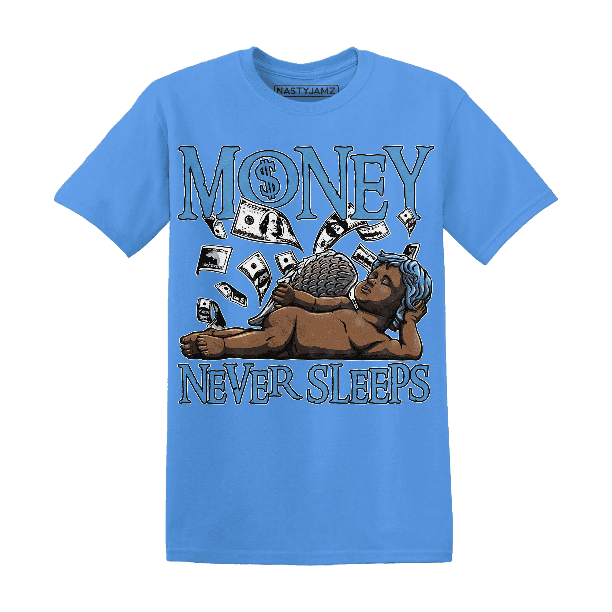 NastyJamz-Carolina-Blue-Univercitii-17s-T-Shirt-Match-Money-Never-Sleeps