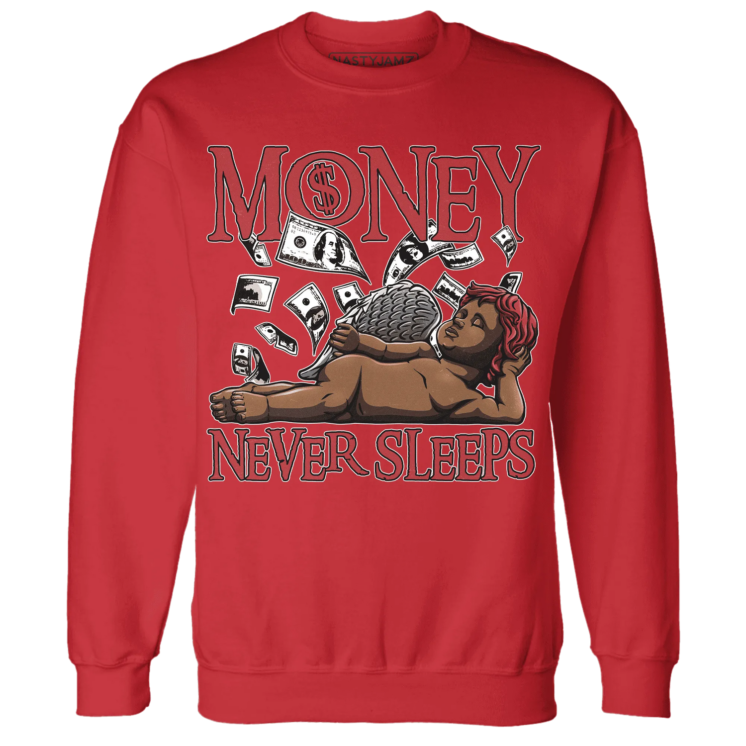 Black-Toe-Reimagined-Red-White-1s-NastyJamz-Sweatshirt-Match-Money-Never-Sleeps