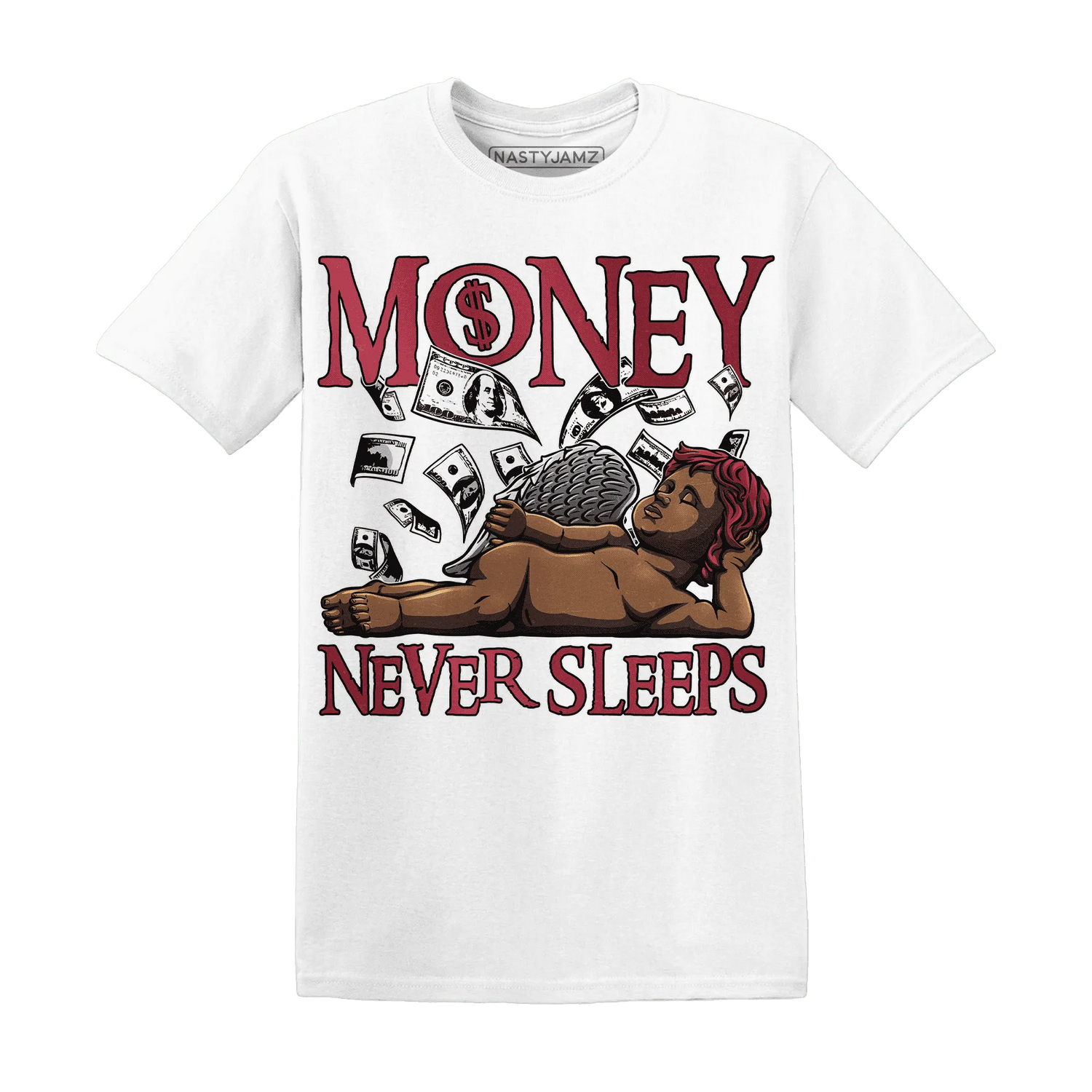 High-85-Metallic-Burgundy-1s-T-Shirt-Match-Money-Never-Sleeps