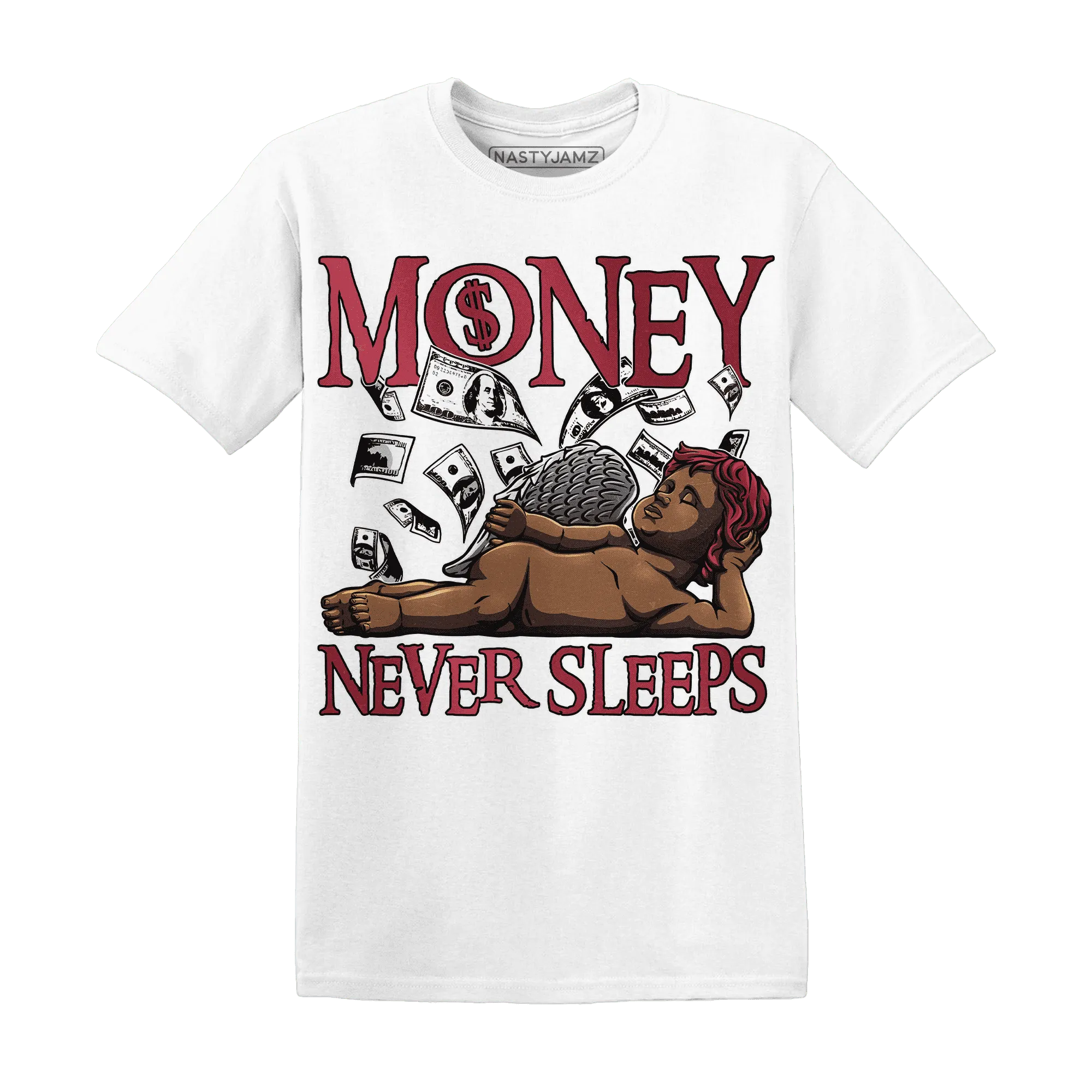 High-85-Metallic-Burgundy-1s-T-Shirt-Match-Money-Never-Sleeps