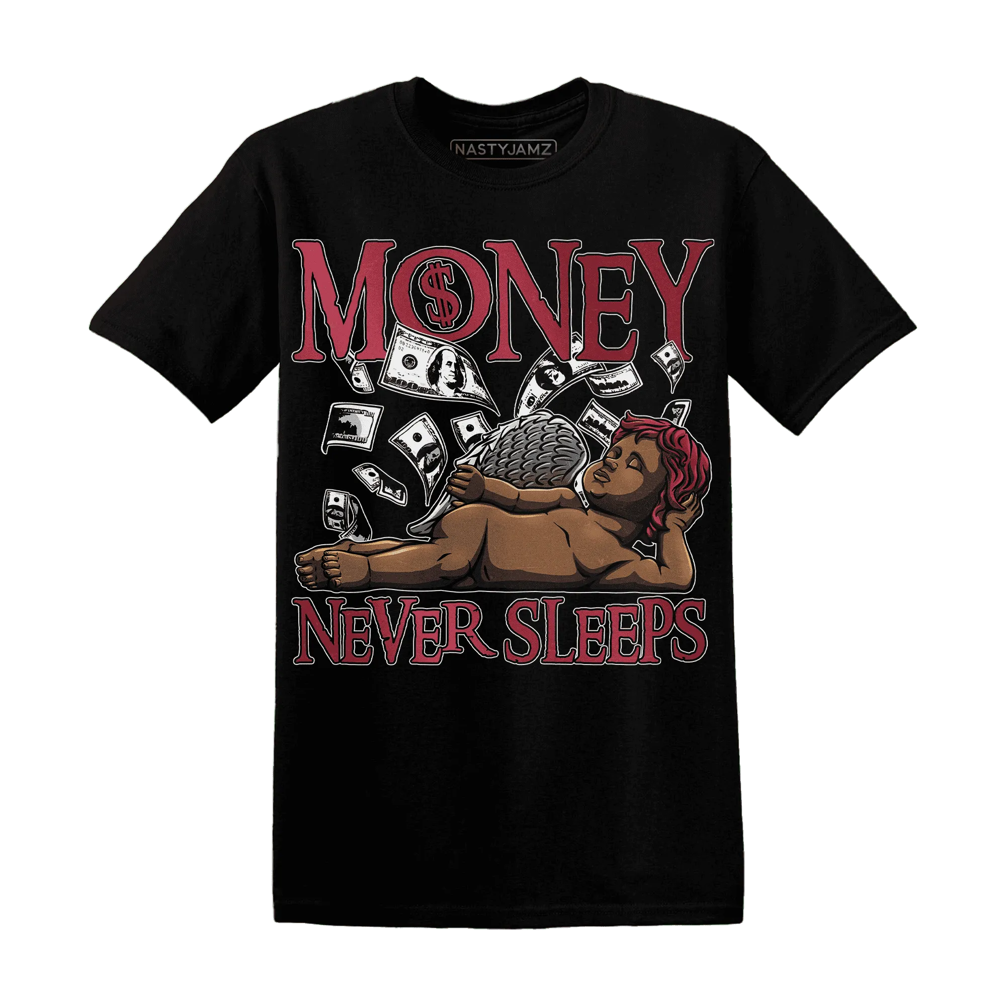 High-85-Metallic-Burgundy-1s-T-Shirt-Match-Money-Never-Sleeps