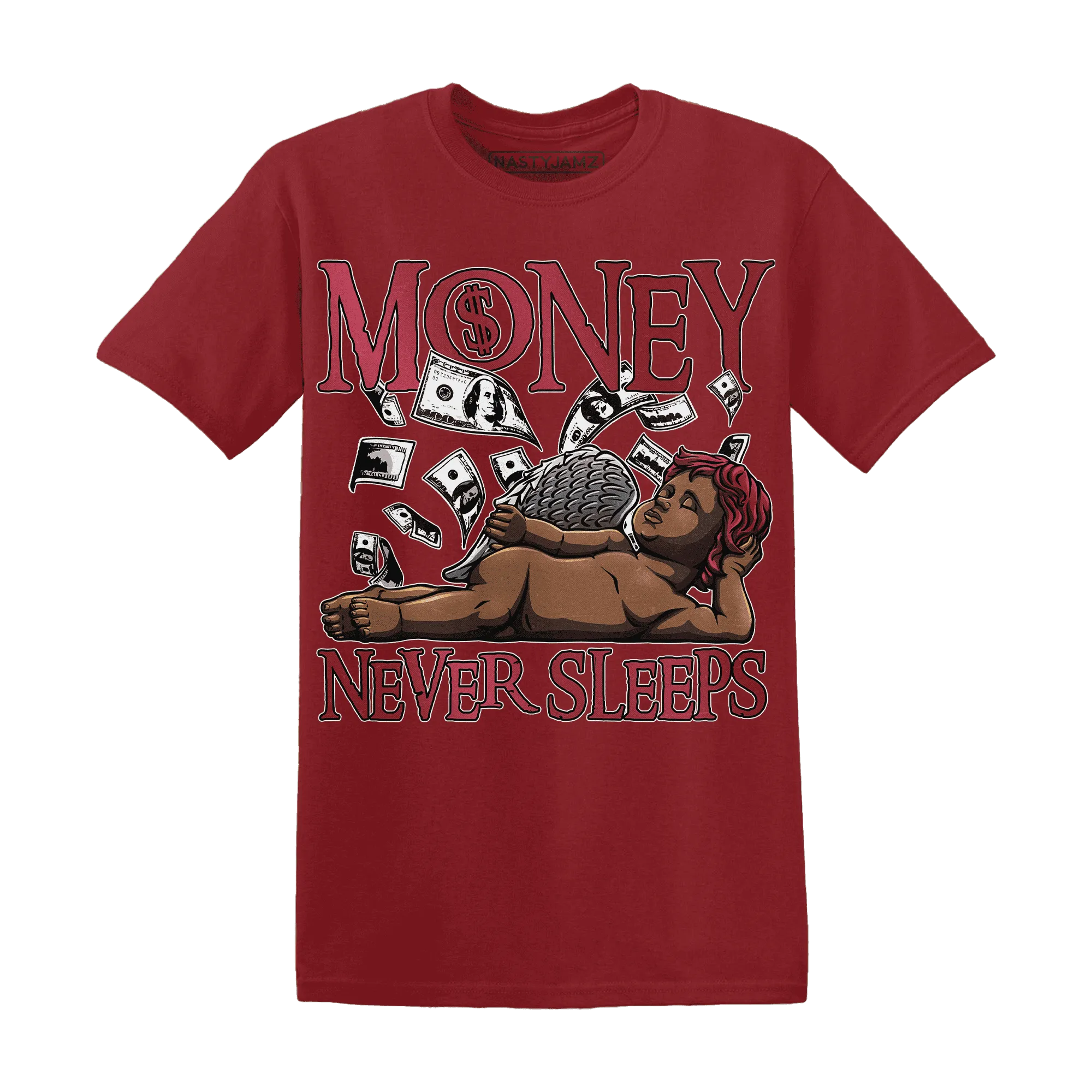 High-85-Metallic-Burgundy-1s-T-Shirt-Match-Money-Never-Sleeps
