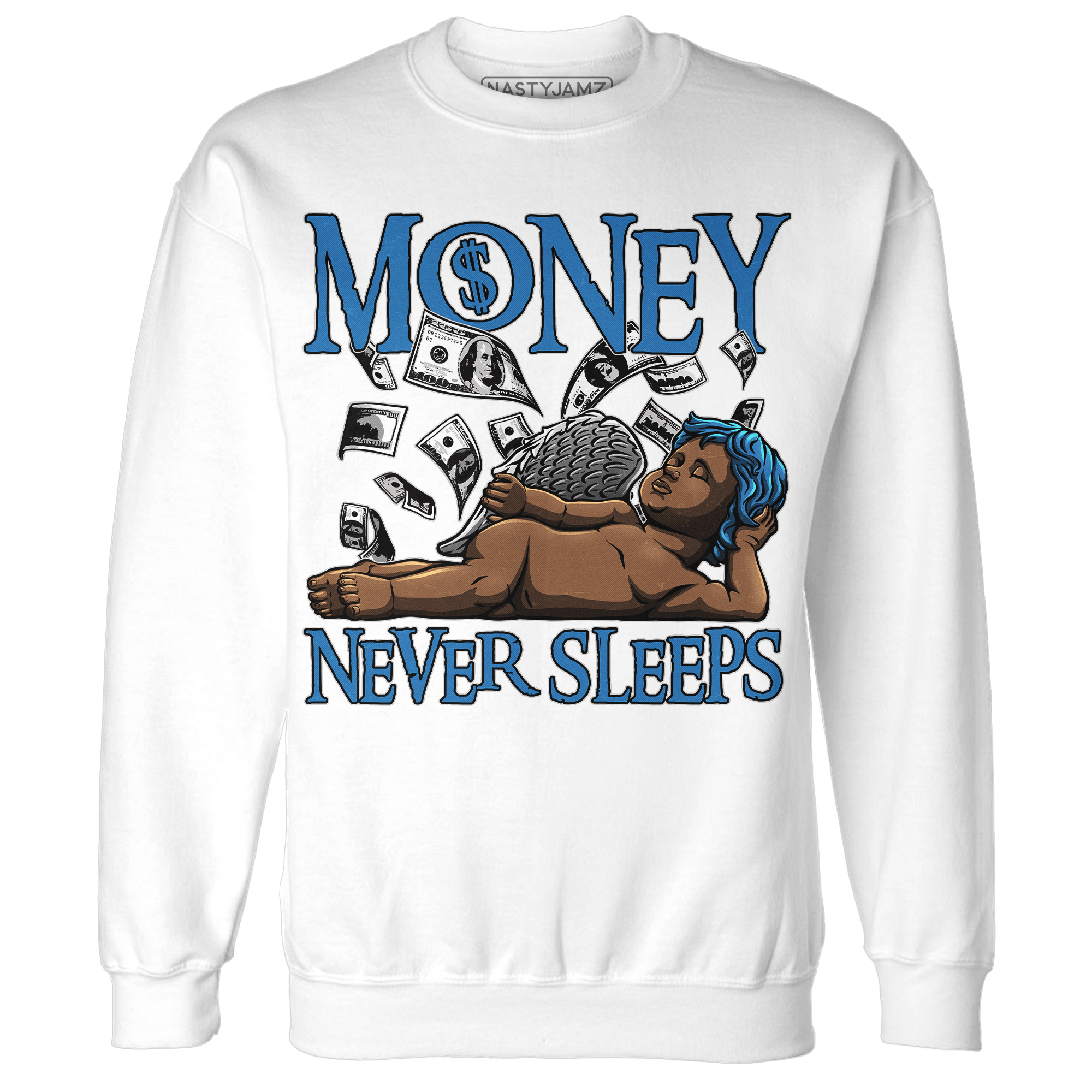 Industrial Blue 4s Sweatshirt Match Money Never Sleeps - NastyJamz
