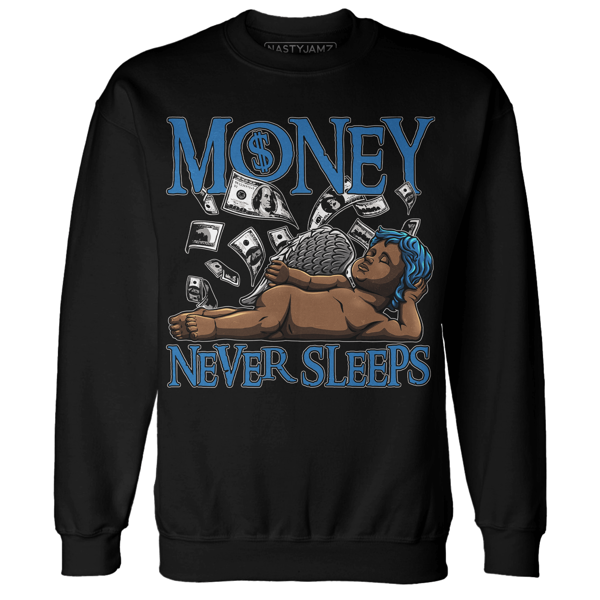 Industrial Blue 4s Sweatshirt Match Money Never Sleeps - NastyJamz