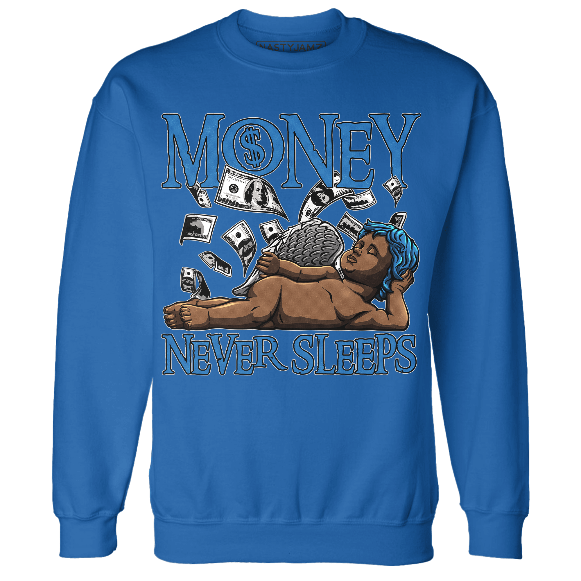 Industrial Blue 4s Sweatshirt Match Money Never Sleeps - NastyJamz