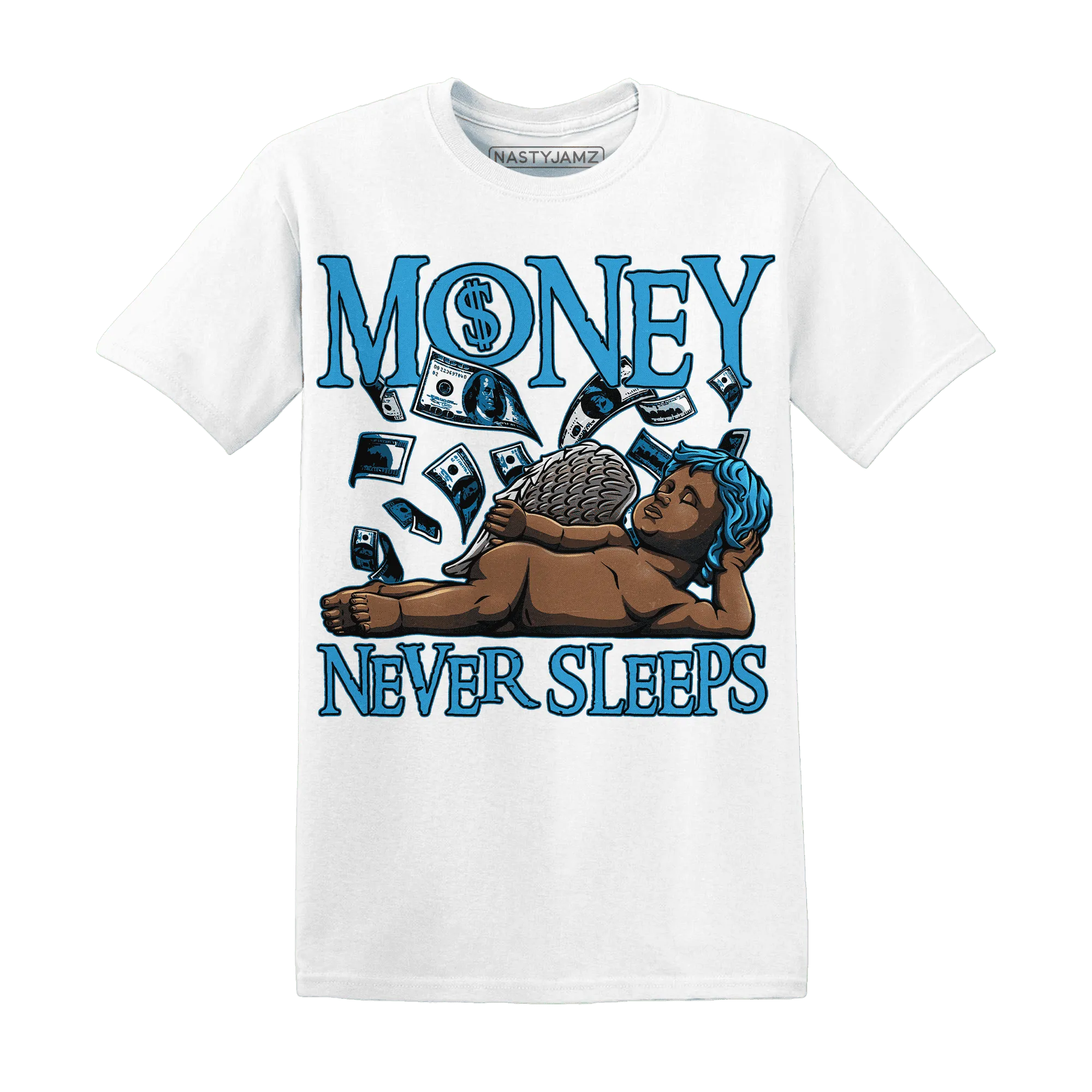 Powder-Blue-9s-T-Shirt-Match-Money-Never-Sleeps