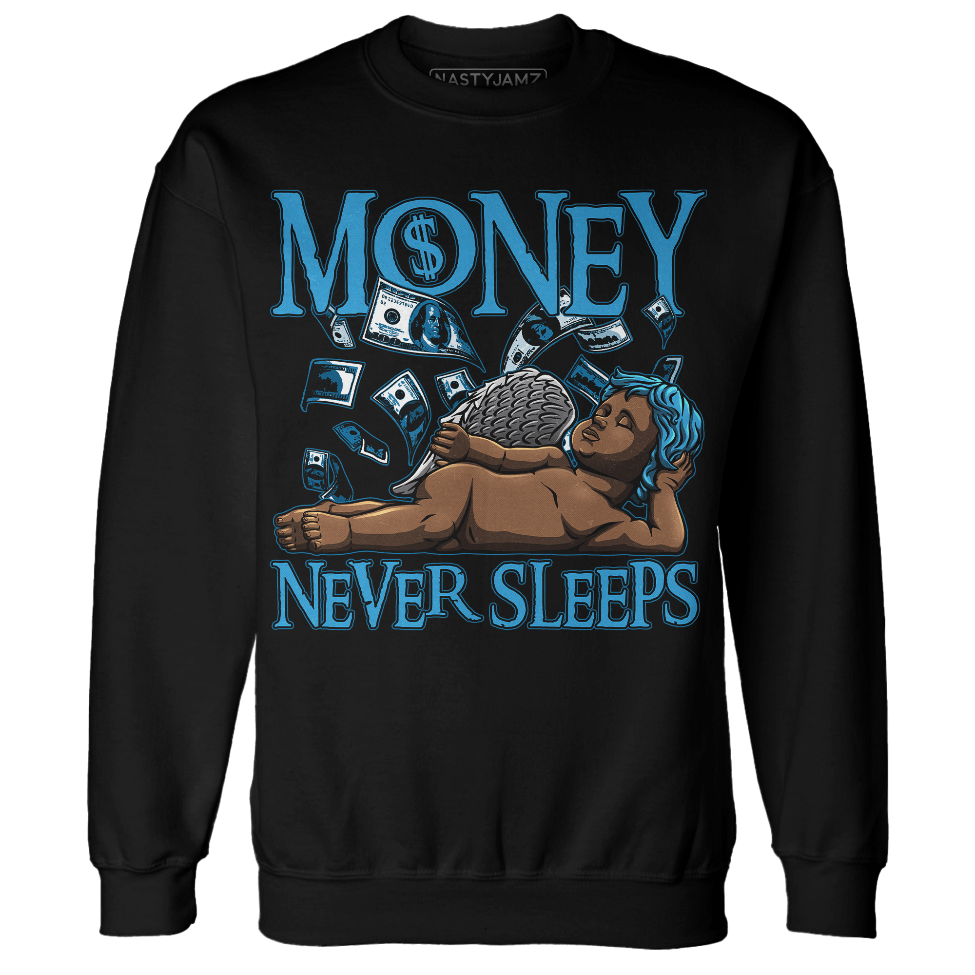 Powder Blue 9s Sweatshirt Match Money Never Sleeps - NastyJamz