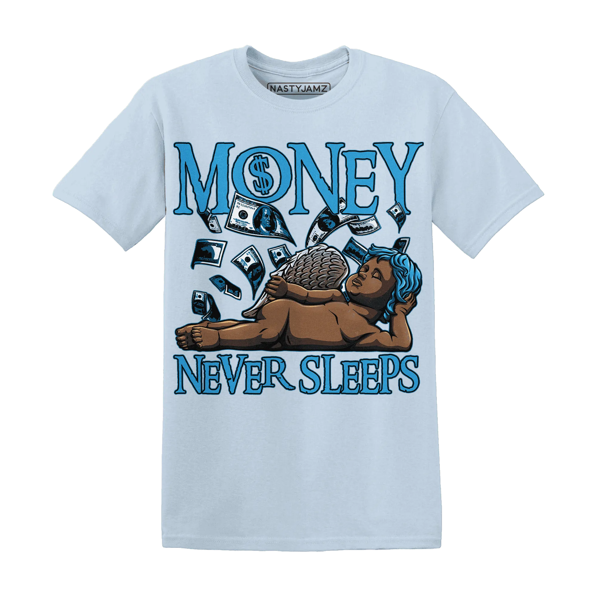 Powder-Blue-9s-T-Shirt-Match-Money-Never-Sleeps