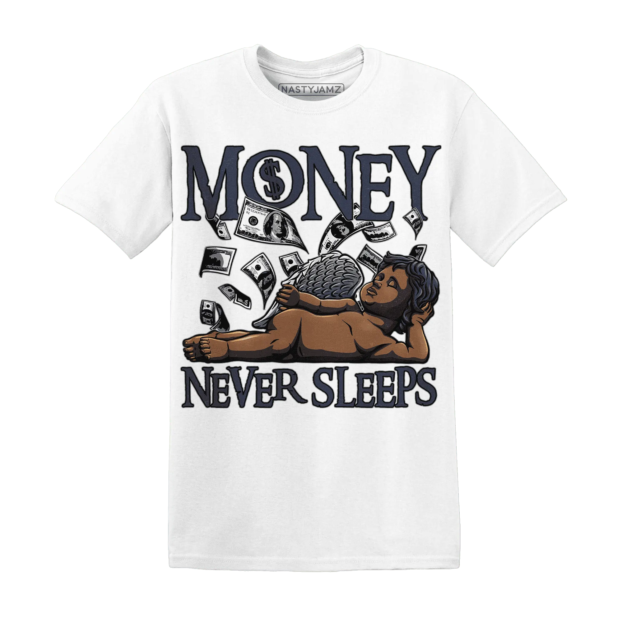 VaporMax-Plus-Midnight-Navy-White-Metallic-Silver-NastyJamz-T-Shirt-Match-Money-Never-Sleeps