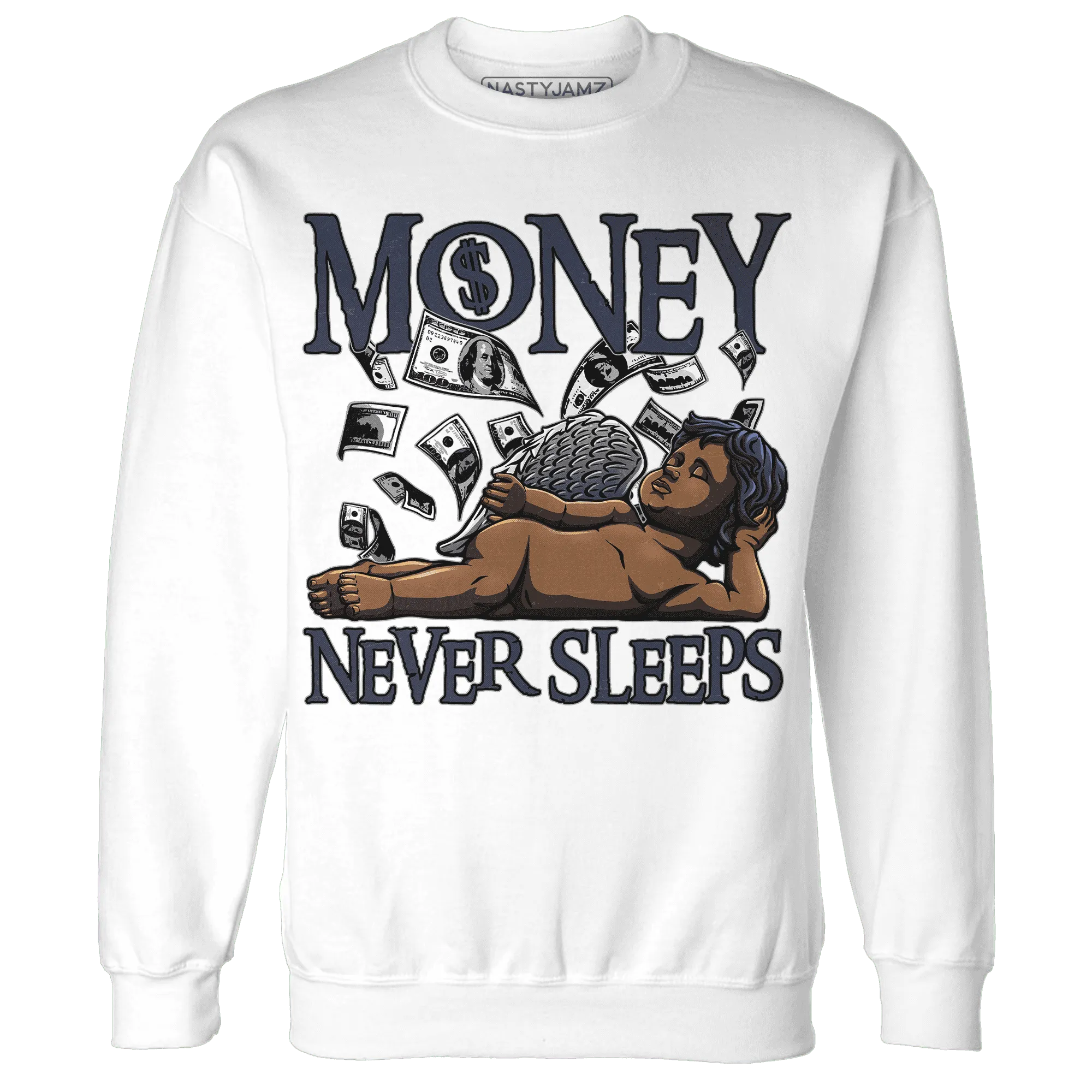 VaporMax-Plus-Midnight-Navy-White-Metallic-Silver-NastyJamz-Sweatshirt-Match-Money-Never-Sleeps
