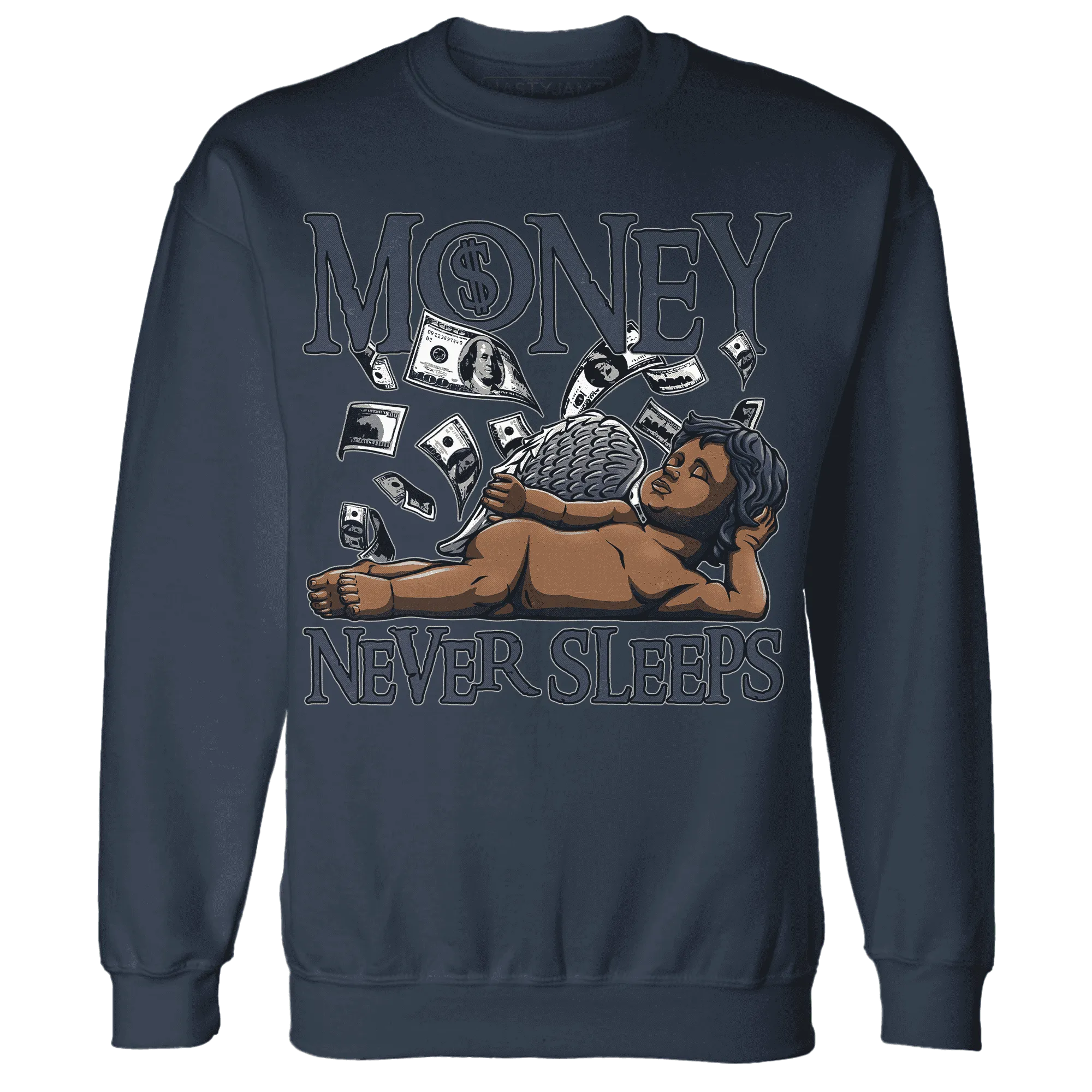 VaporMax-Plus-Midnight-Navy-White-Metallic-Silver-NastyJamz-Sweatshirt-Match-Money-Never-Sleeps