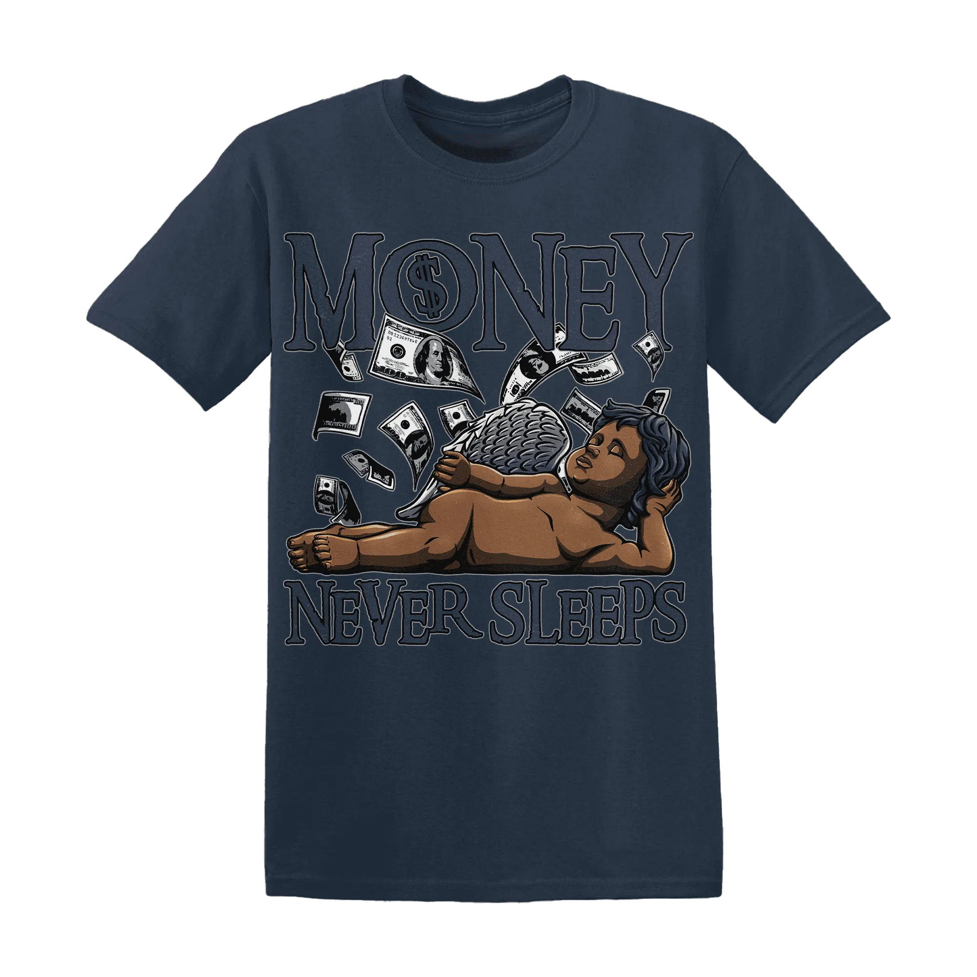 VaporMax-Plus-Midnight-Navy-White-Metallic-Silver-NastyJamz-T-Shirt-Match-Money-Never-Sleeps