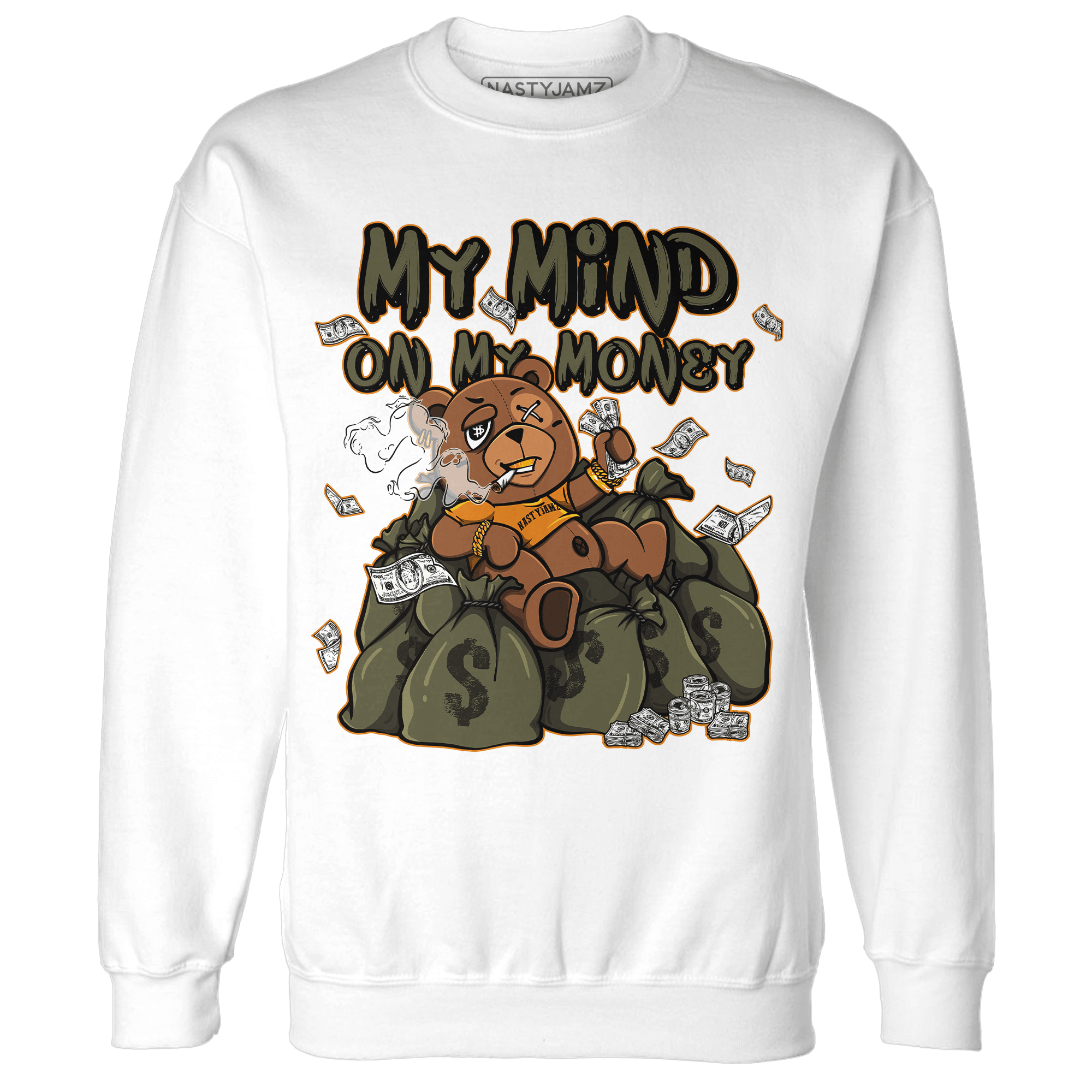 Olive 5s Sweatshirt Match My Mind On My Money BER - NastyJamz