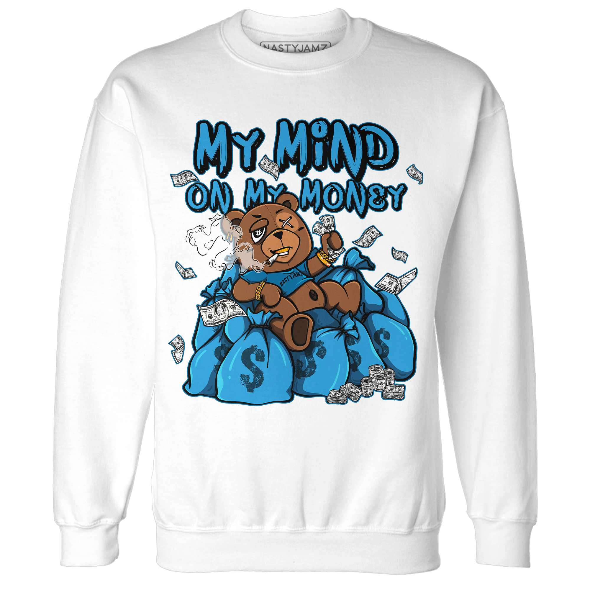 Powder Blue 9s Sweatshirt Match My Mind On My Money BER - NastyJamz