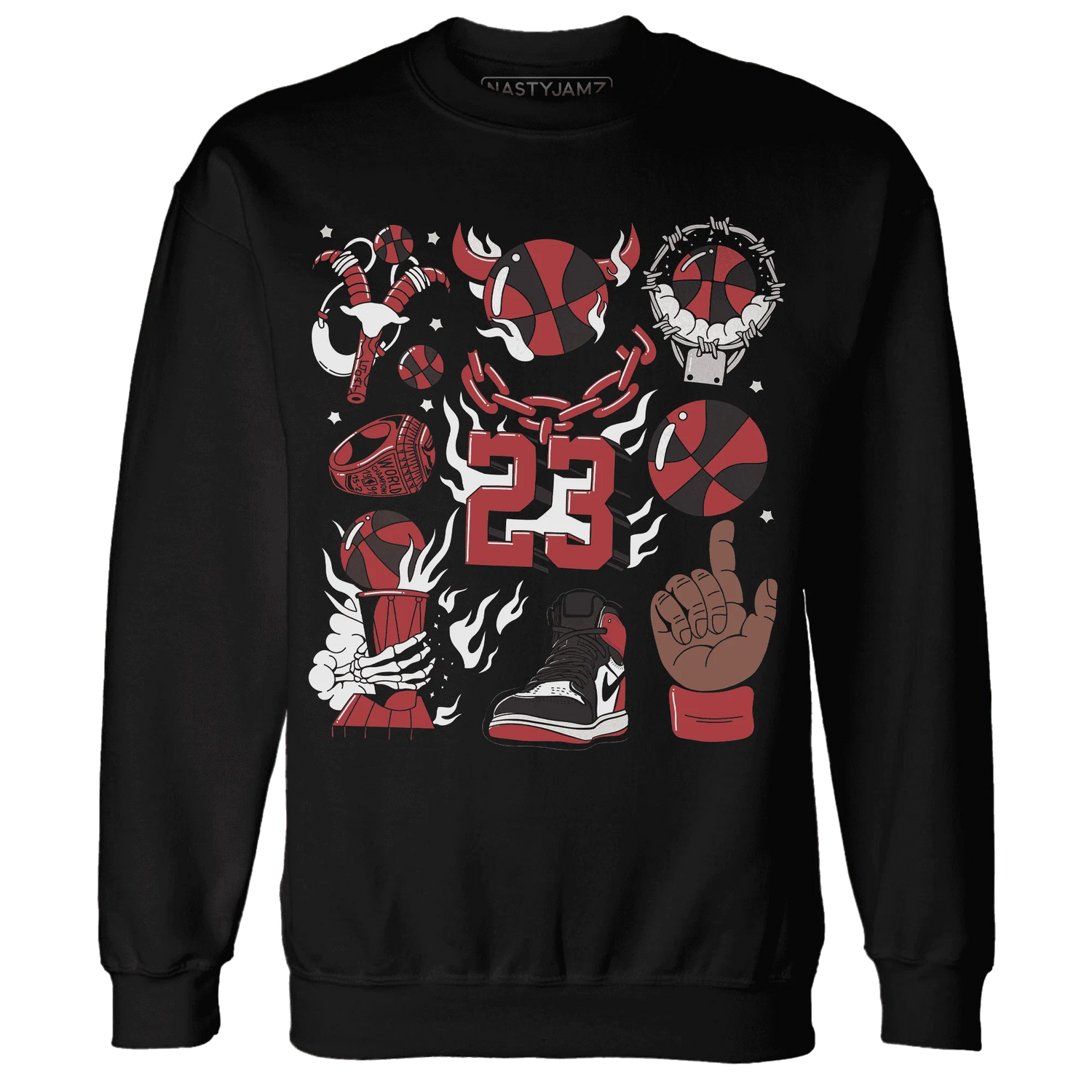 Black-Toe-Reimagined-Red-White-1s-Sweatshirt-Match-Neclaces-Number-23