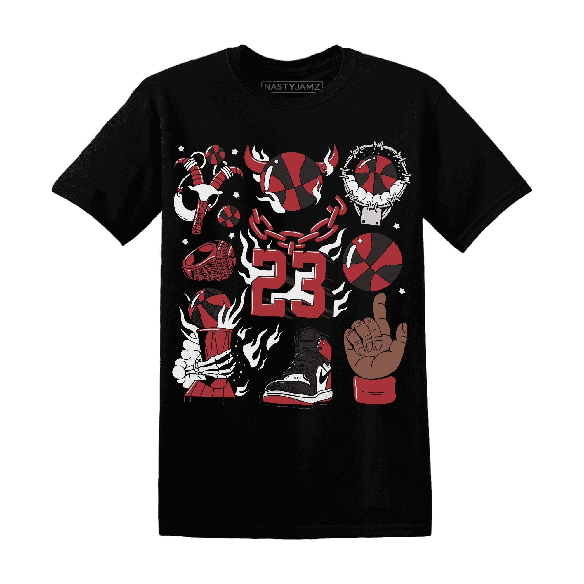Black-Toe-Reimagined-Red-White-1s-T-Shirt-Match-Neclaces-Number-23