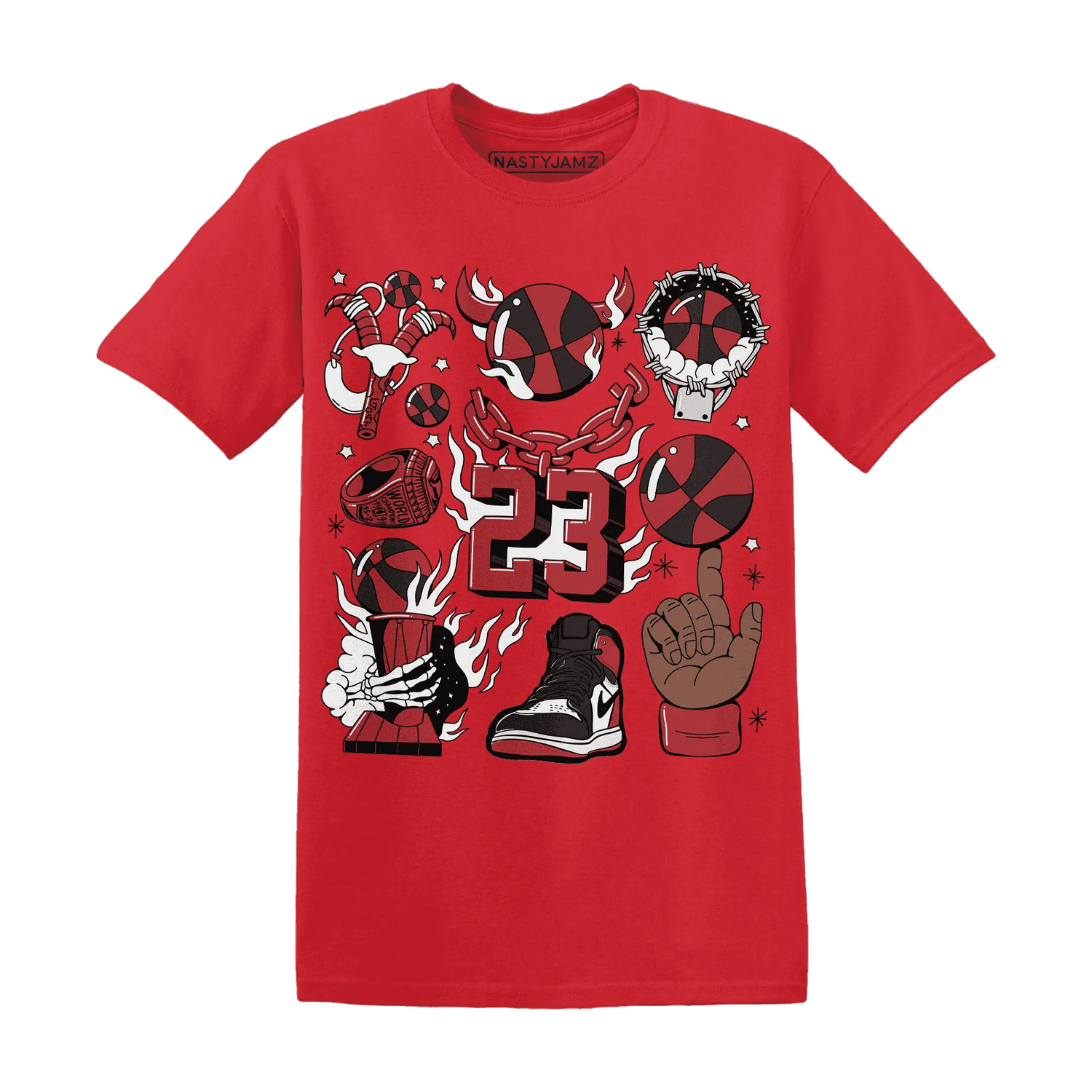 Black-Toe-Reimagined-Red-White-1s-T-Shirt-Match-Neclaces-Number-23