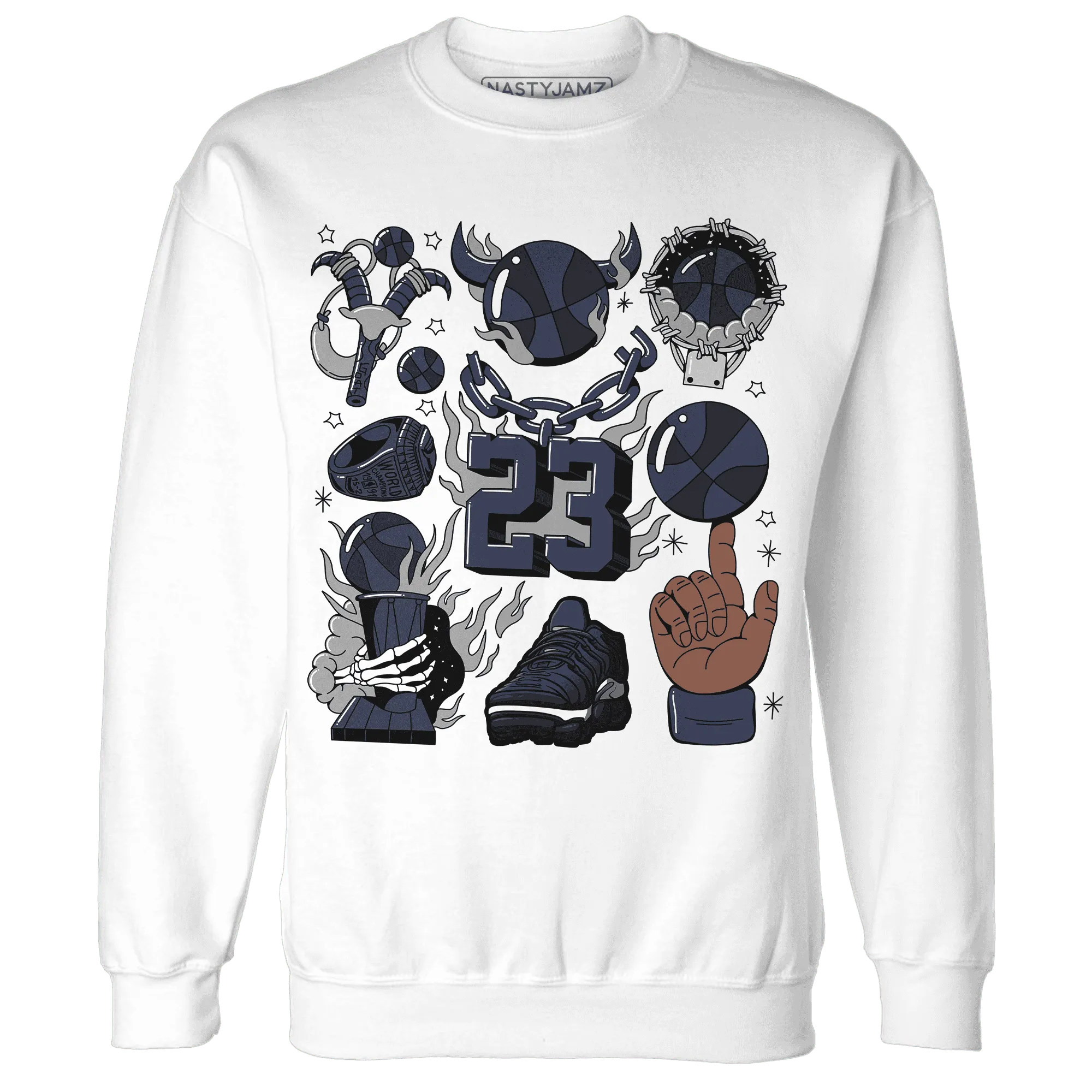 VaporMax-Plus-Midnight-Navy-White-Metallic-Silver-Sweatshirt-Match-Neclaces-Number-23