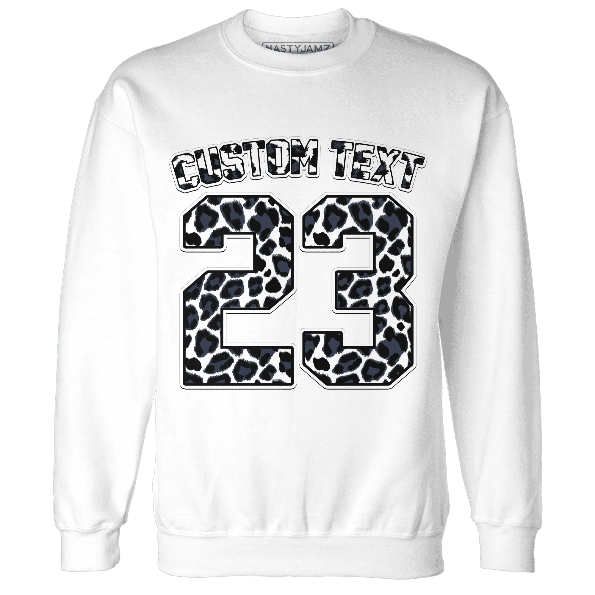 White-Navy-6s-Sweatshirt-Match-Number-23-Leopard-Custom-Text