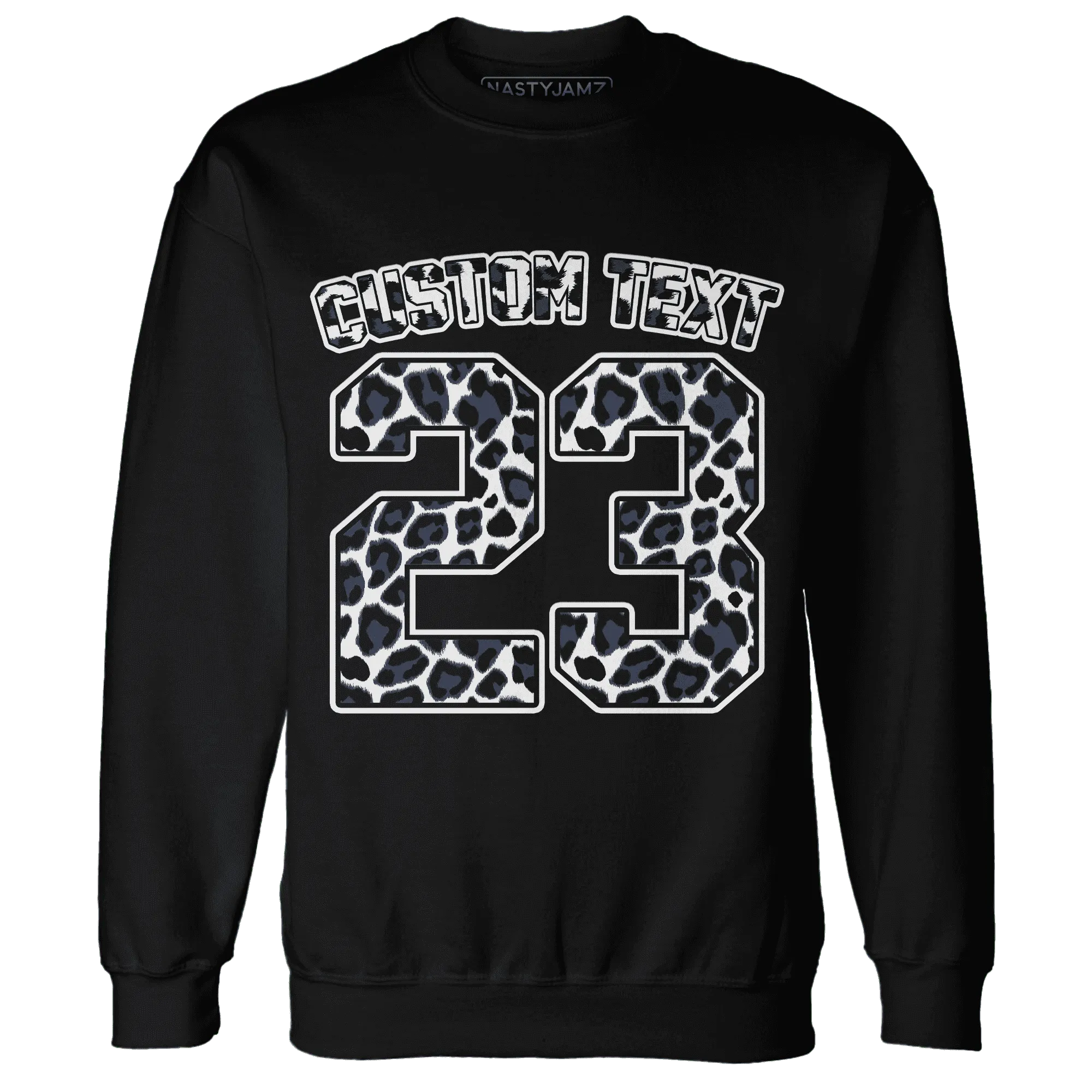 White-Navy-6s-Sweatshirt-Match-Number-23-Leopard-Custom-Text