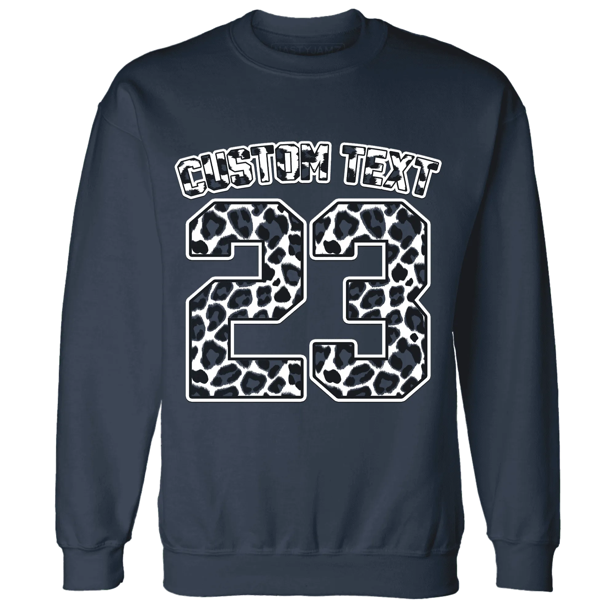 White-Navy-6s-Sweatshirt-Match-Number-23-Leopard-Custom-Text